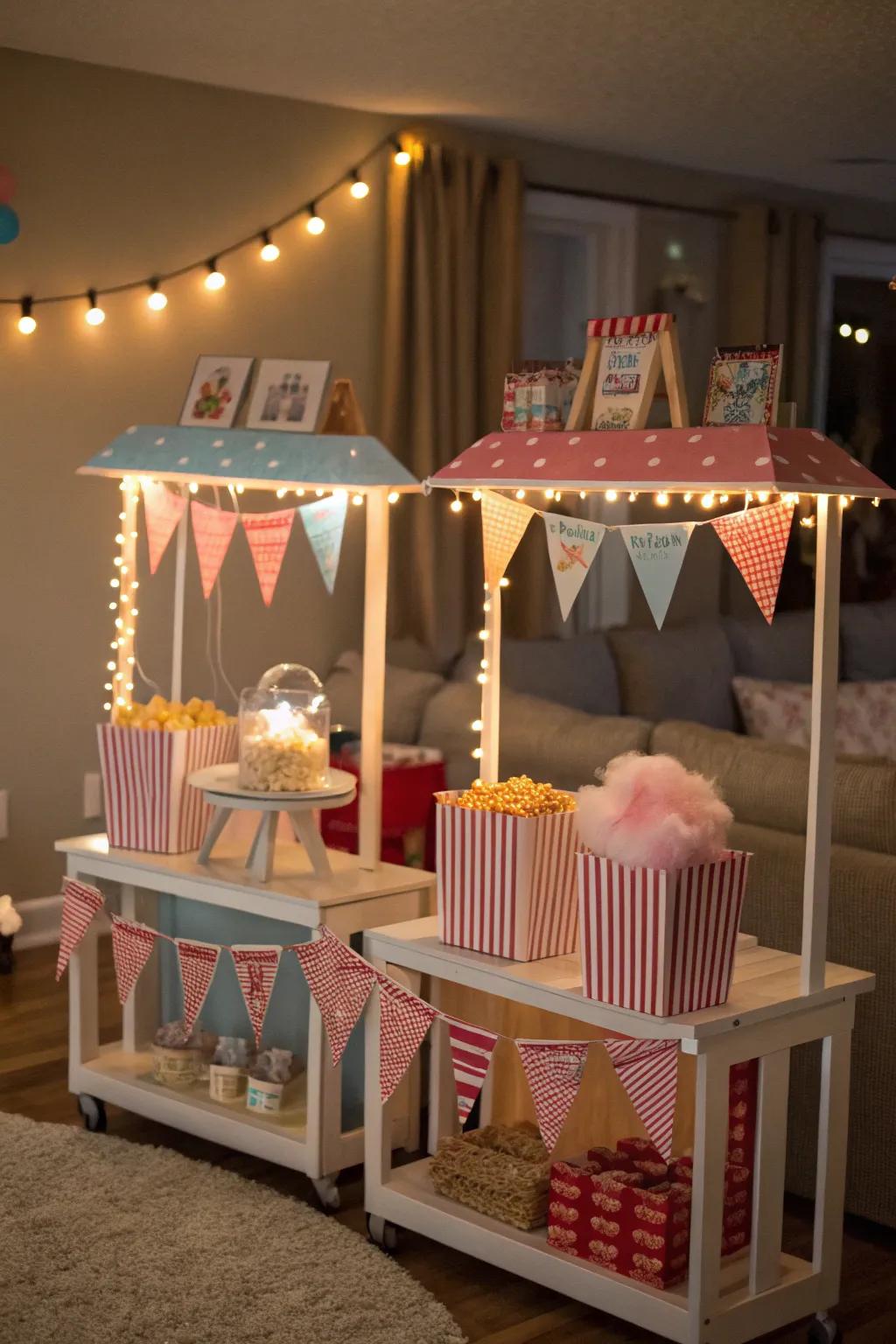 Produce the allure of a carnival using themed refreshment booths.