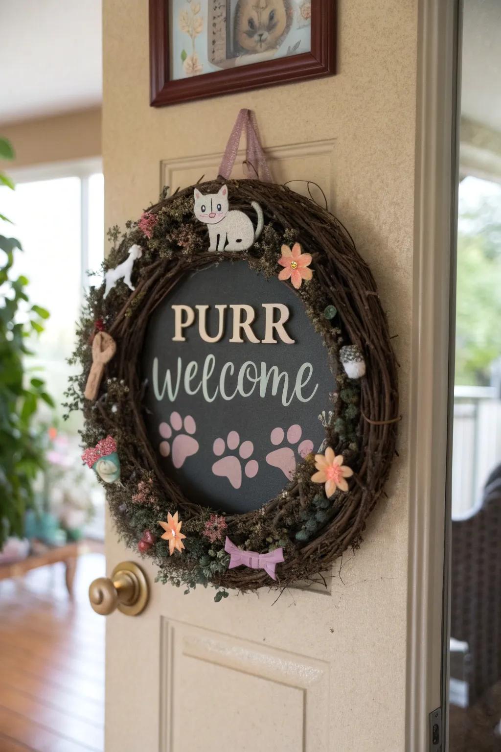 A personalized verbal art feline decorative loop for cordial welcomes.