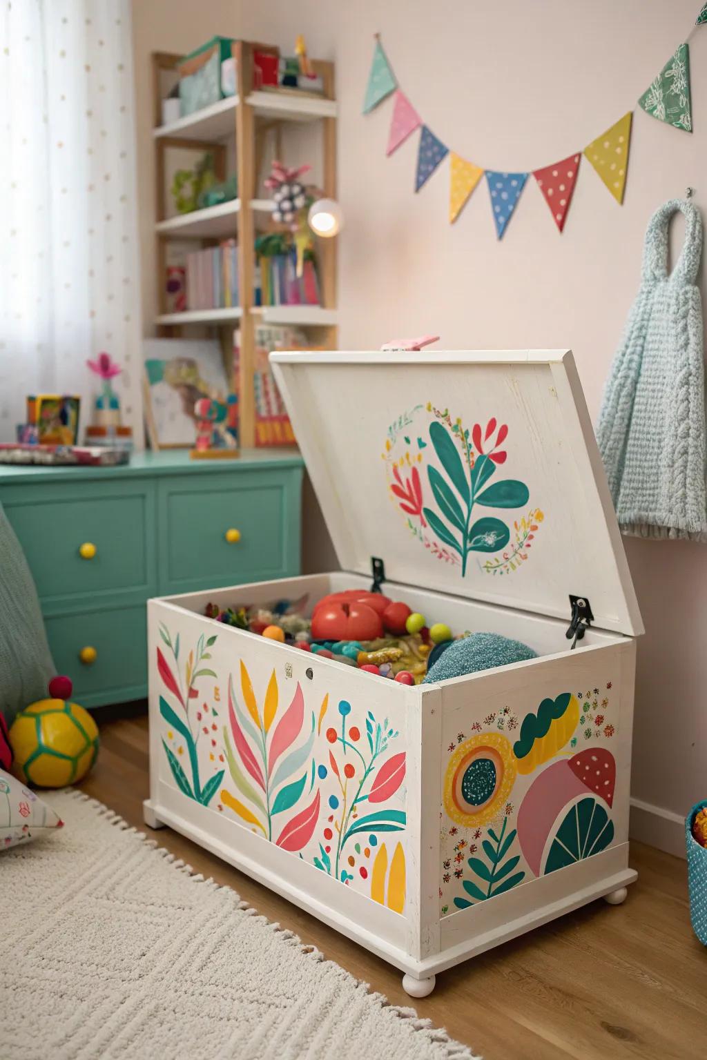 A blanket chest transformed into a lively toy box for children.