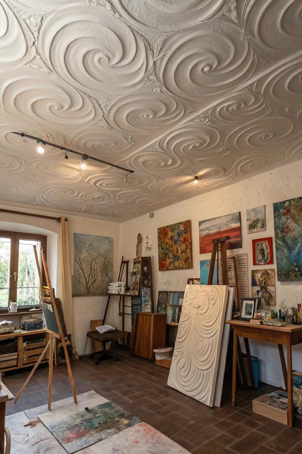Add dynamism and artistic appeal with a kinetic swirl ceiling design.