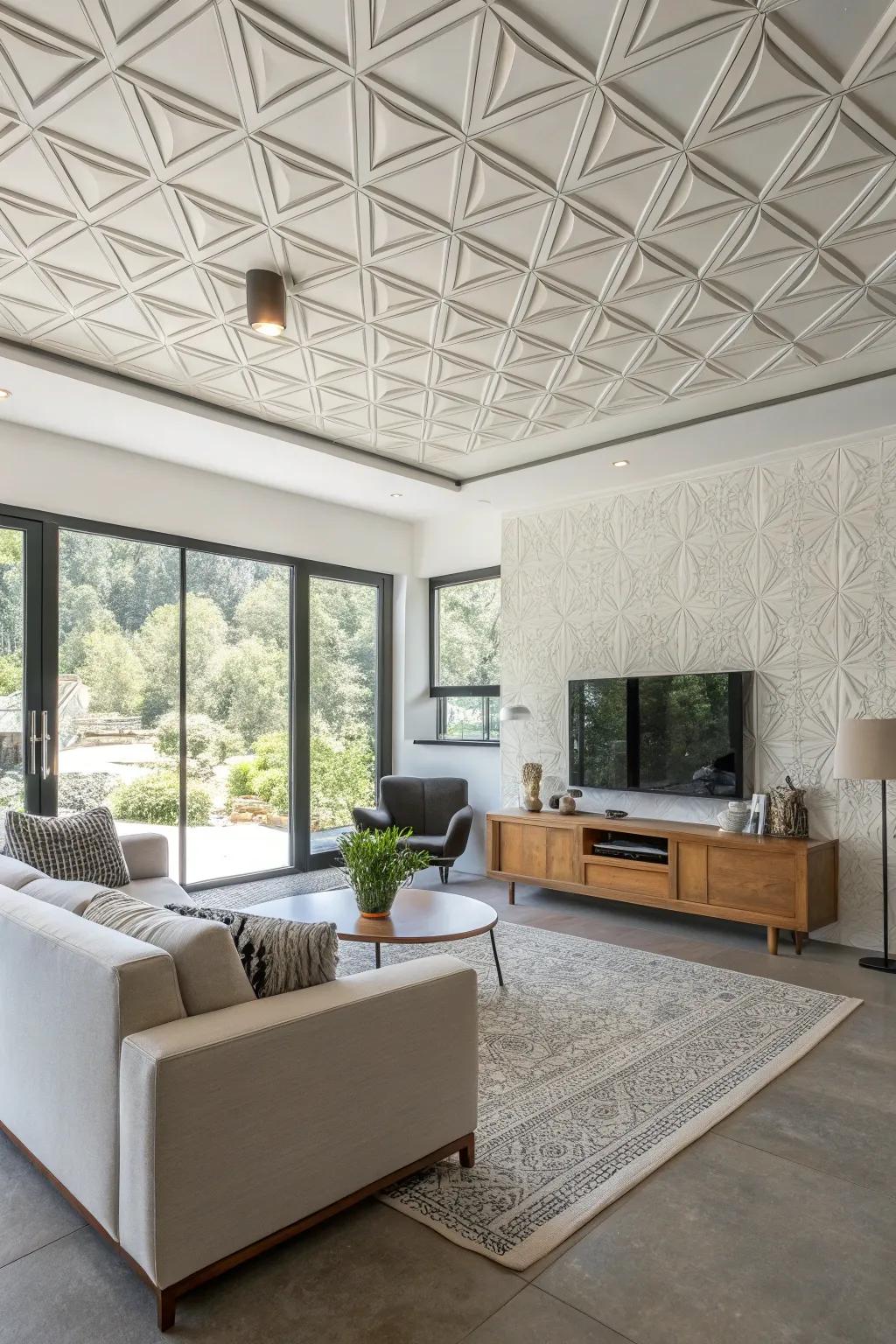 A polished living area showcasing modern geometric ceiling textures.