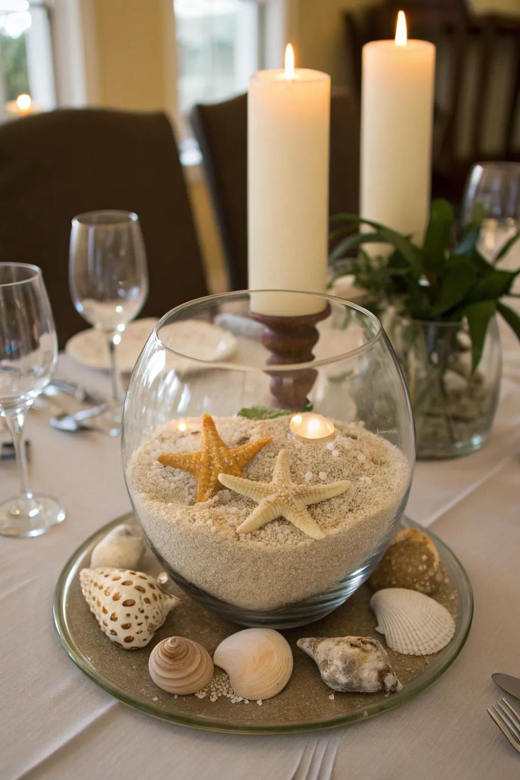 Coastal charm using a crystal dish centerpiece base.