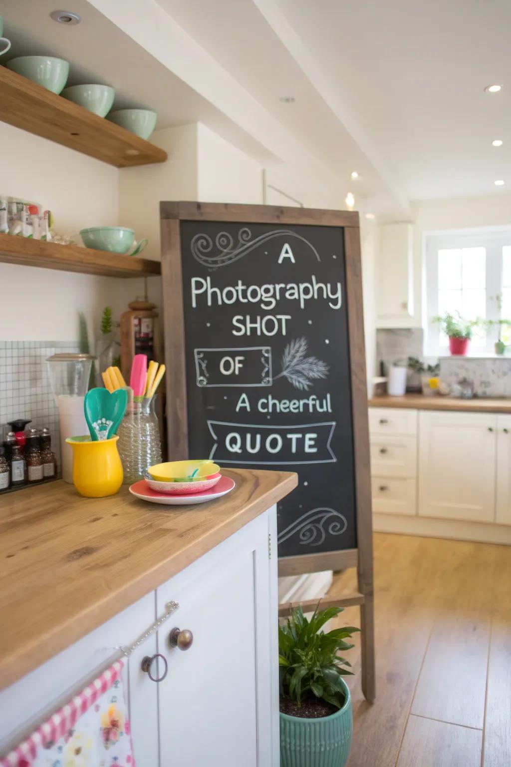 Whimsical phrases and quotes bring a smile to guests' faces in this cheerful kitchen.