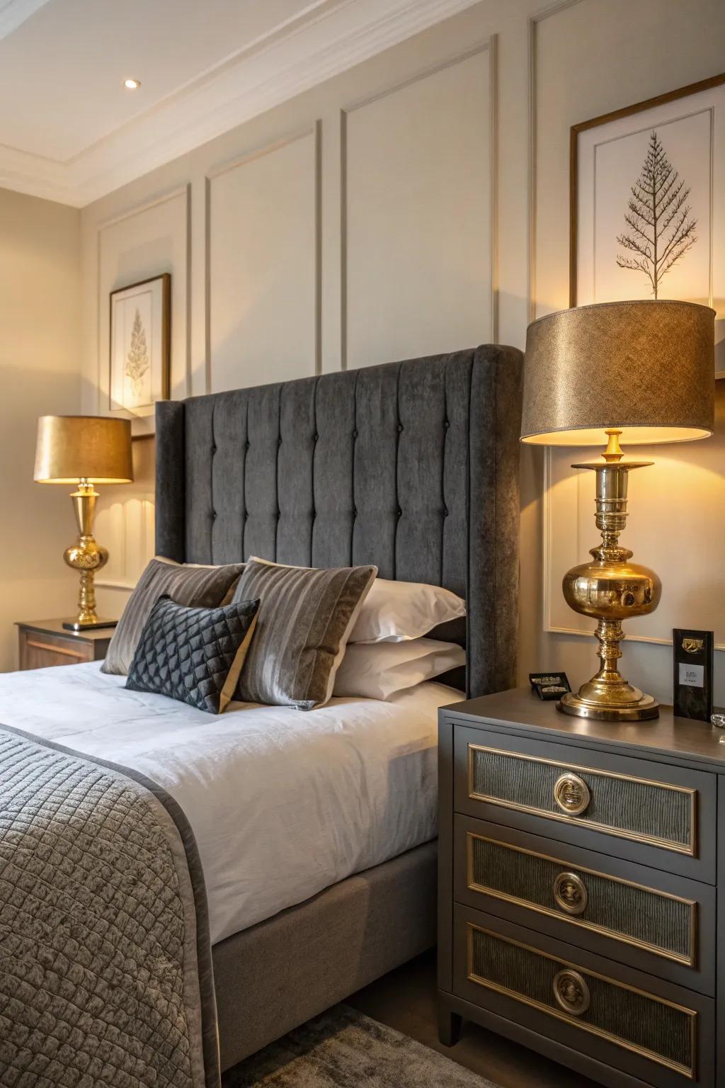 Metallic highlights inject a touch of opulence into a grey-centered bedroom.