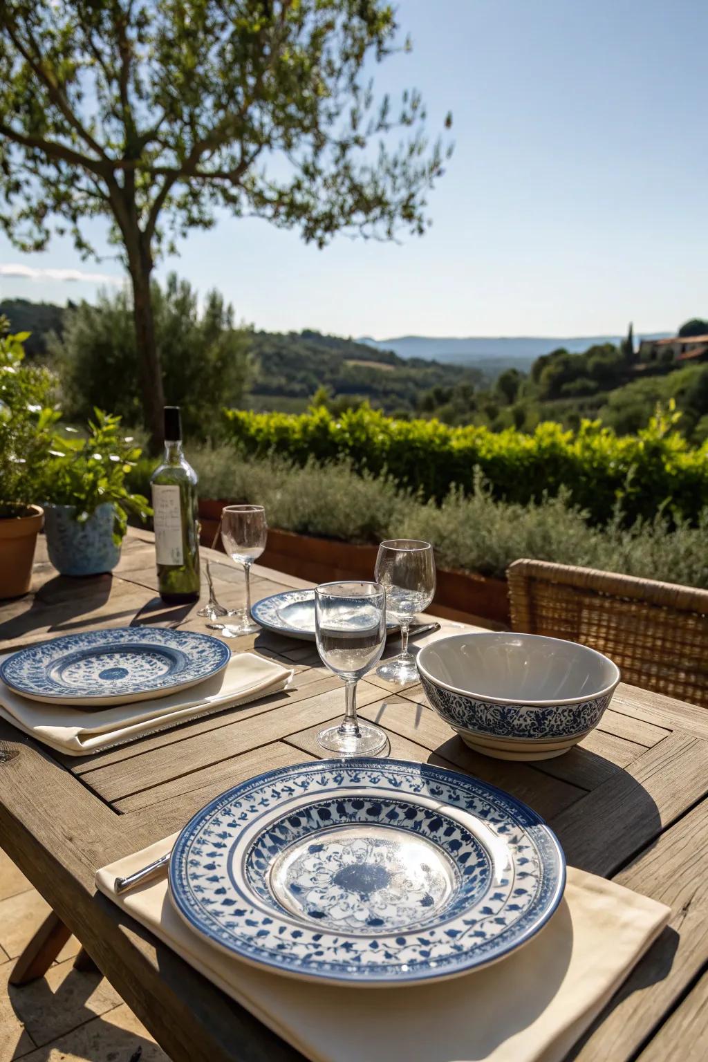 For a laid-back outdoor dining experience, use sapphire and alabaster charger plates.