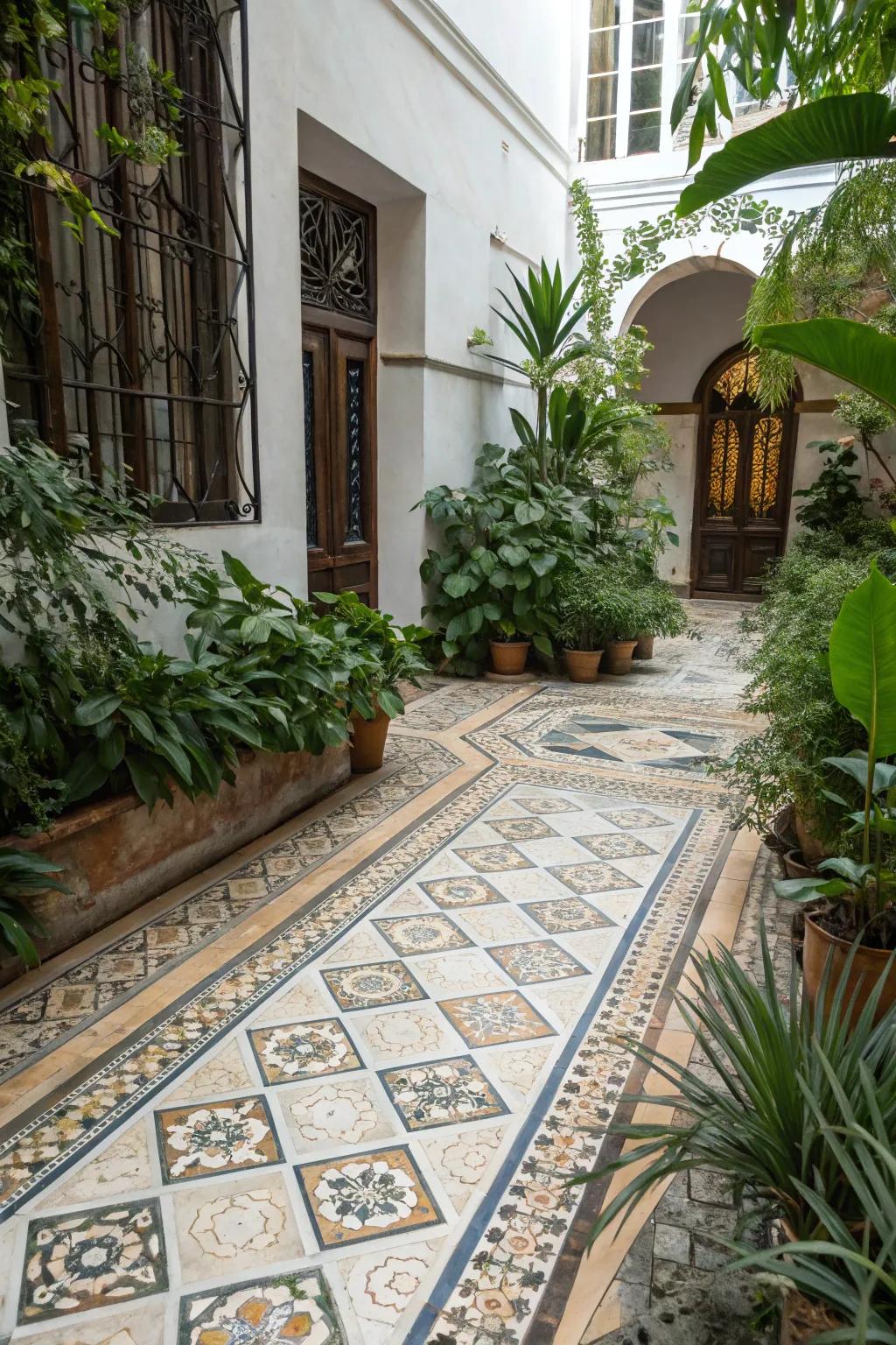Ornamental tiles contributing artistic panache to the patio.