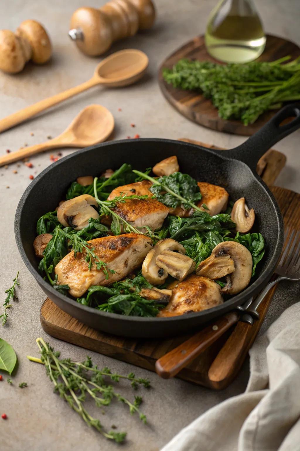 Chicken, spinach, and mushroom skillet, a comforting meal.
