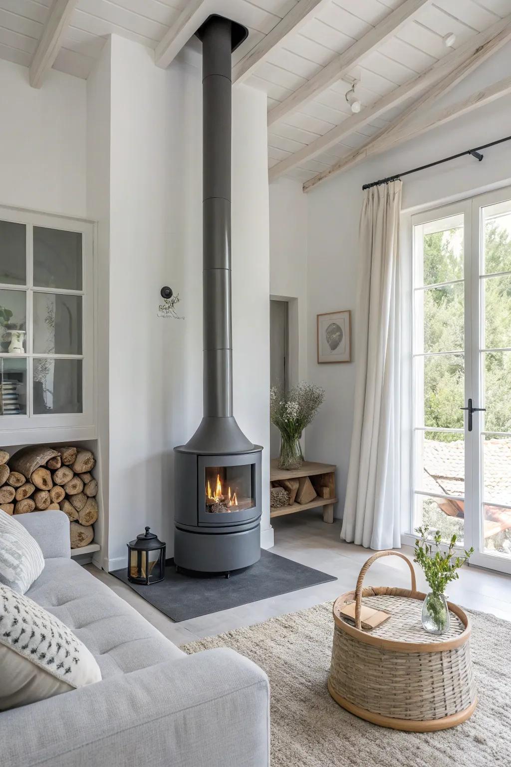 A smooth cement chimney complements a minimalist, modern design.