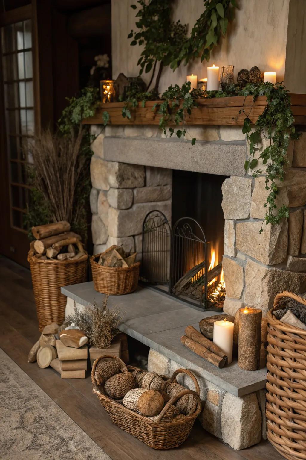 The inclusion of unrefined materials around the fireplace conjures a welcoming, country-inspired charm.