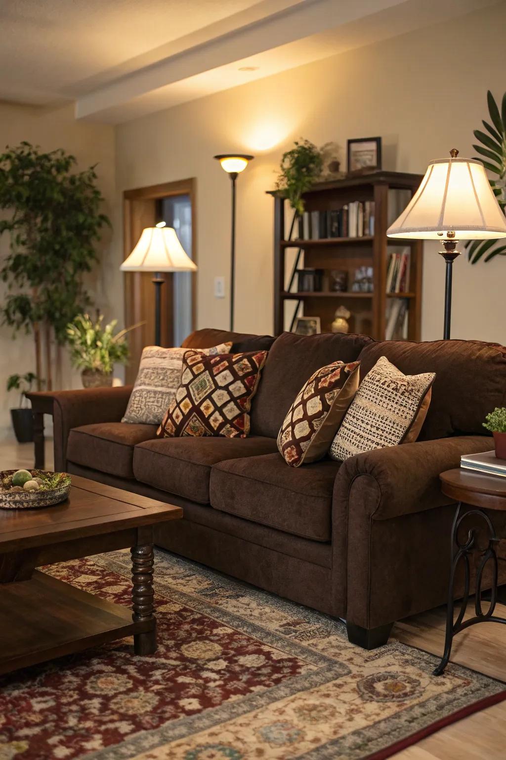Ambient lighting enhances the cozy ambiance of a cocoa sofa setting.