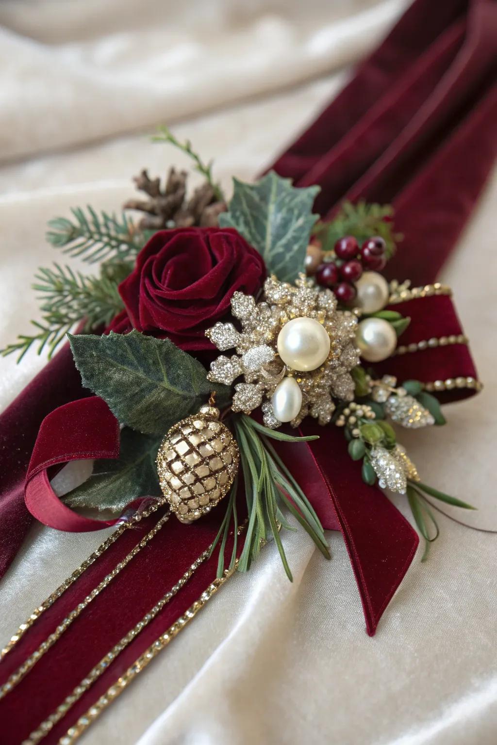 A vintage-inspired holiday adornment accented with velvet filaments.