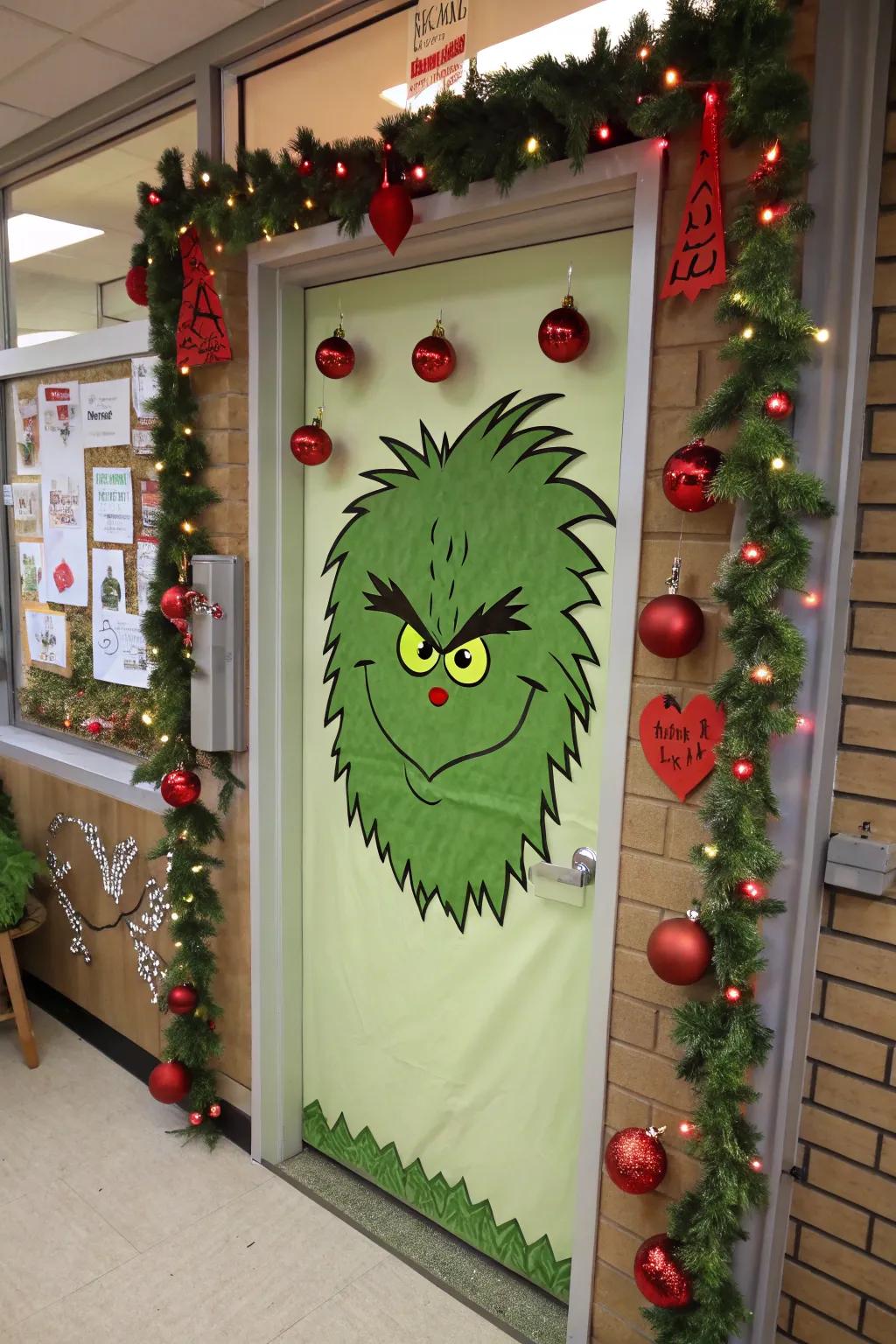 A spirited Grinch face brings humor to this holiday door decor.