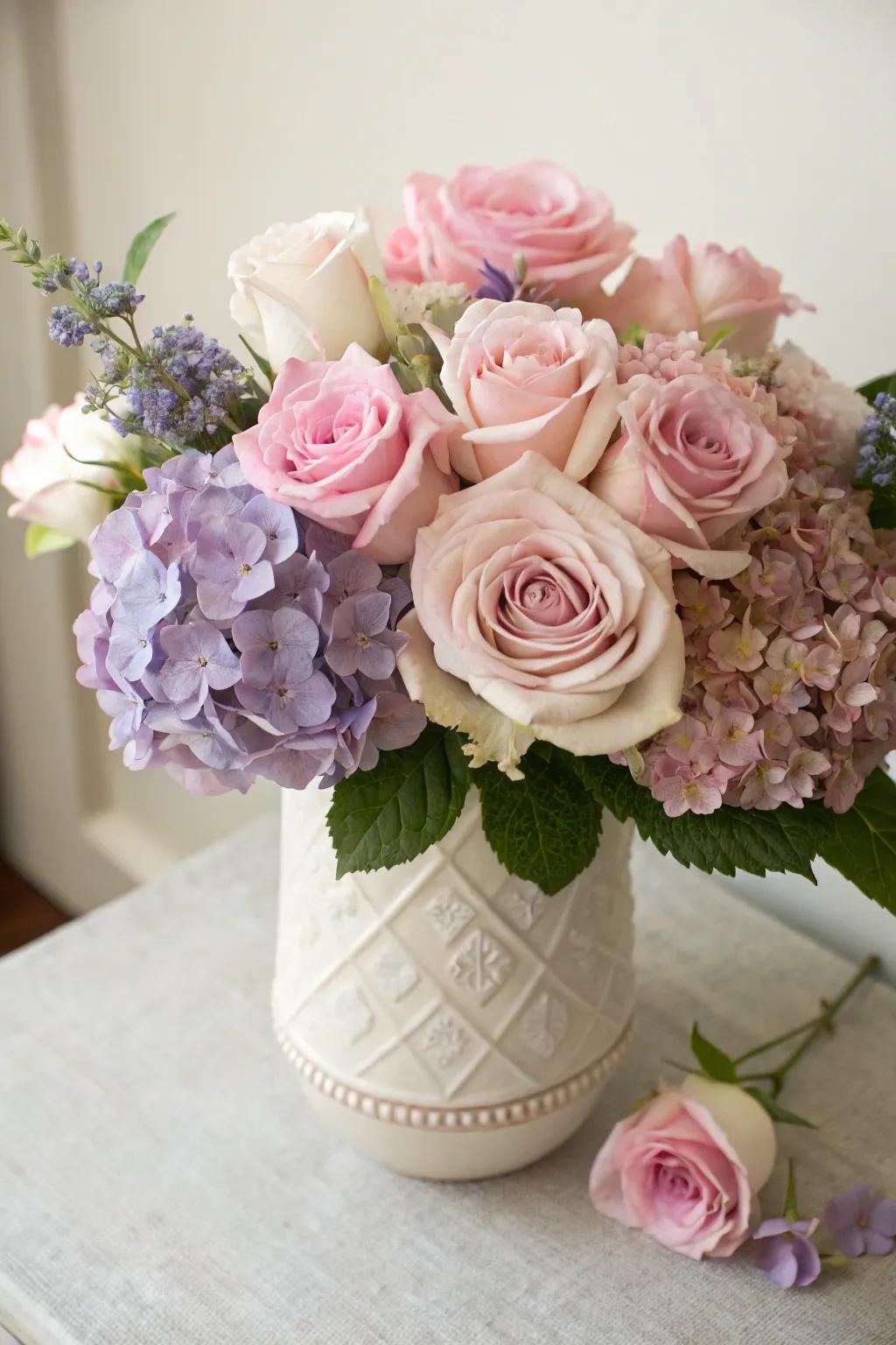 Light shade flowers bring a mild allure to the holiday decor.