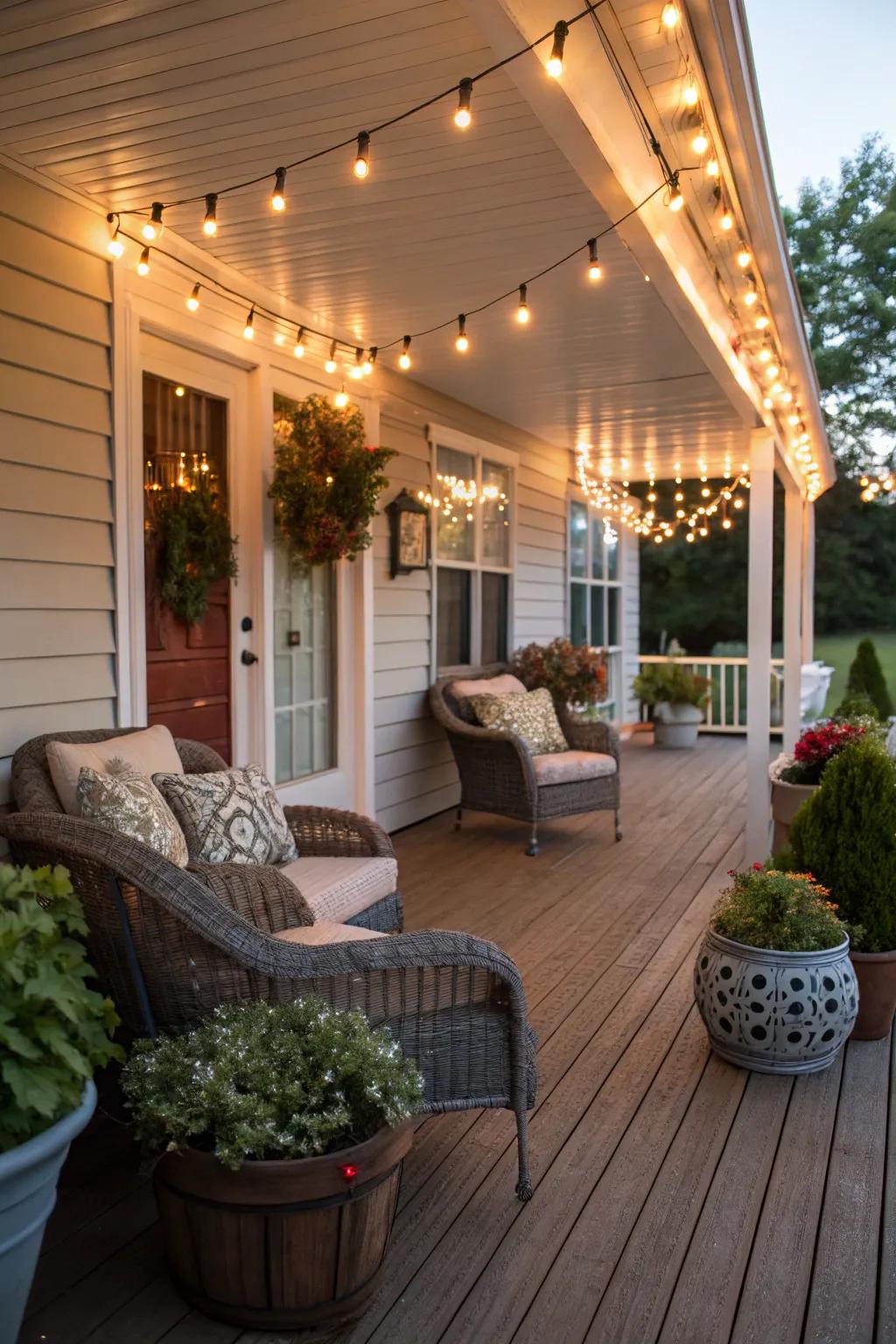 Sparkling lights wrapped around the porch for a festive glow.