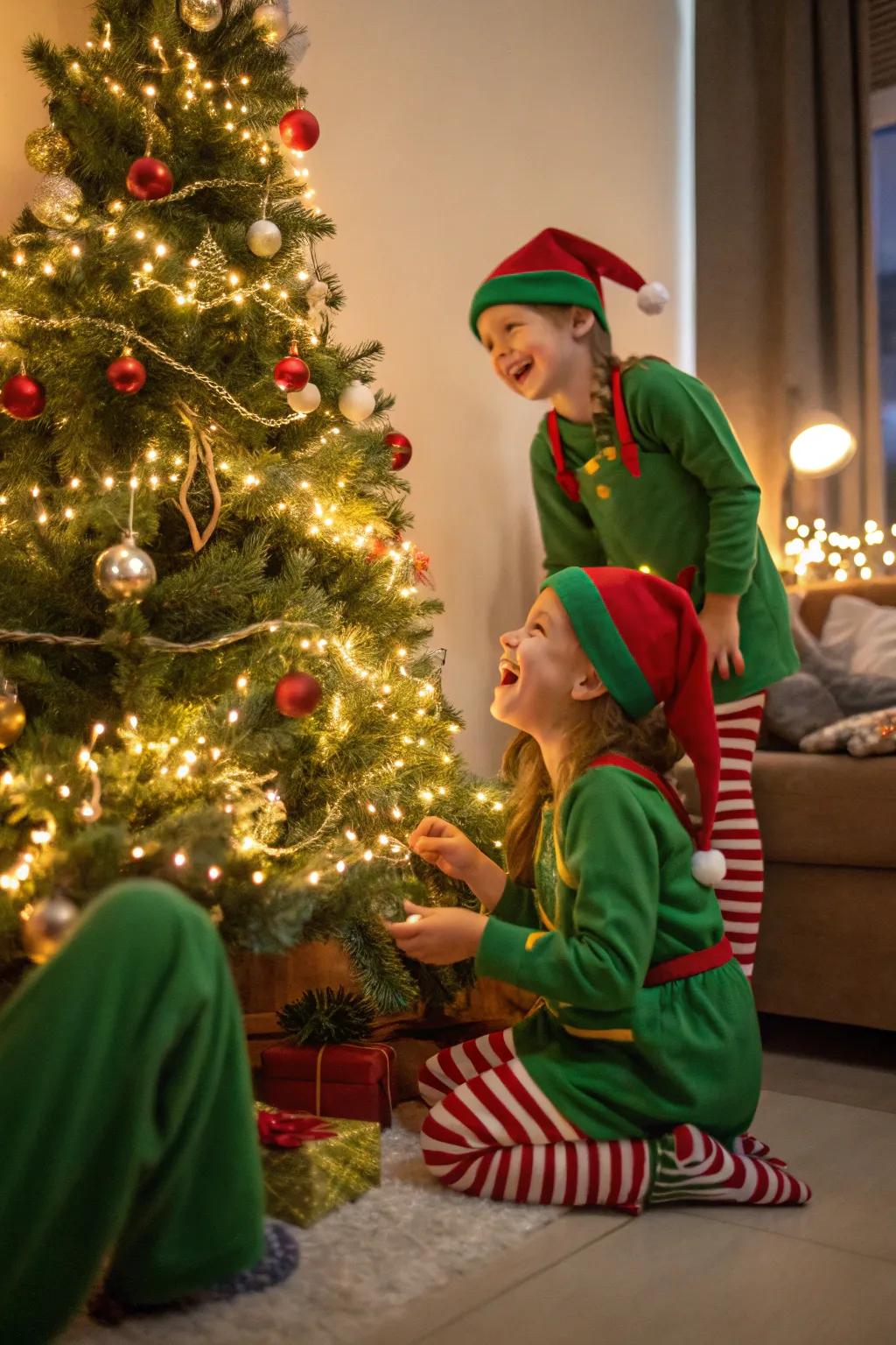 Children dressed as festive characters enjoying themselves by the tree.