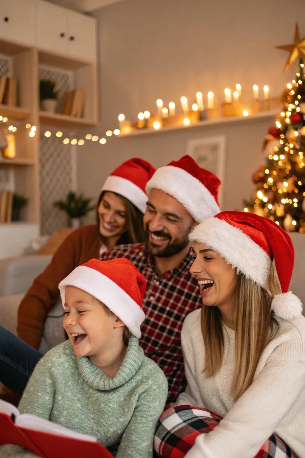 A family enjoying a playful moment in Santa headwear, adding a fun twist to holiday photos.