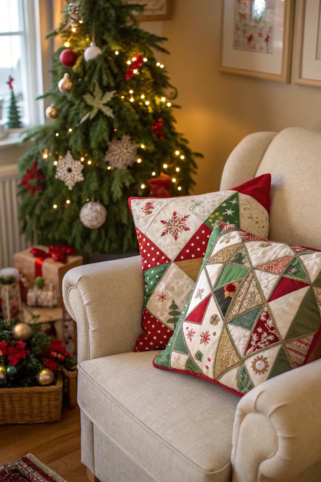 Patchwork cushions introducing a vibrant element to the holiday decorations.