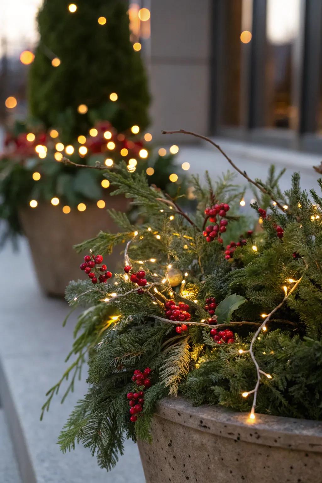 Delicate lights introduce a cozy glow to Christmas arrangements.