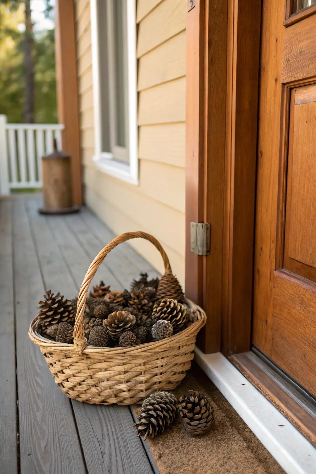 A countryside basket of tree nuts introduces all-natural charm to the porch.