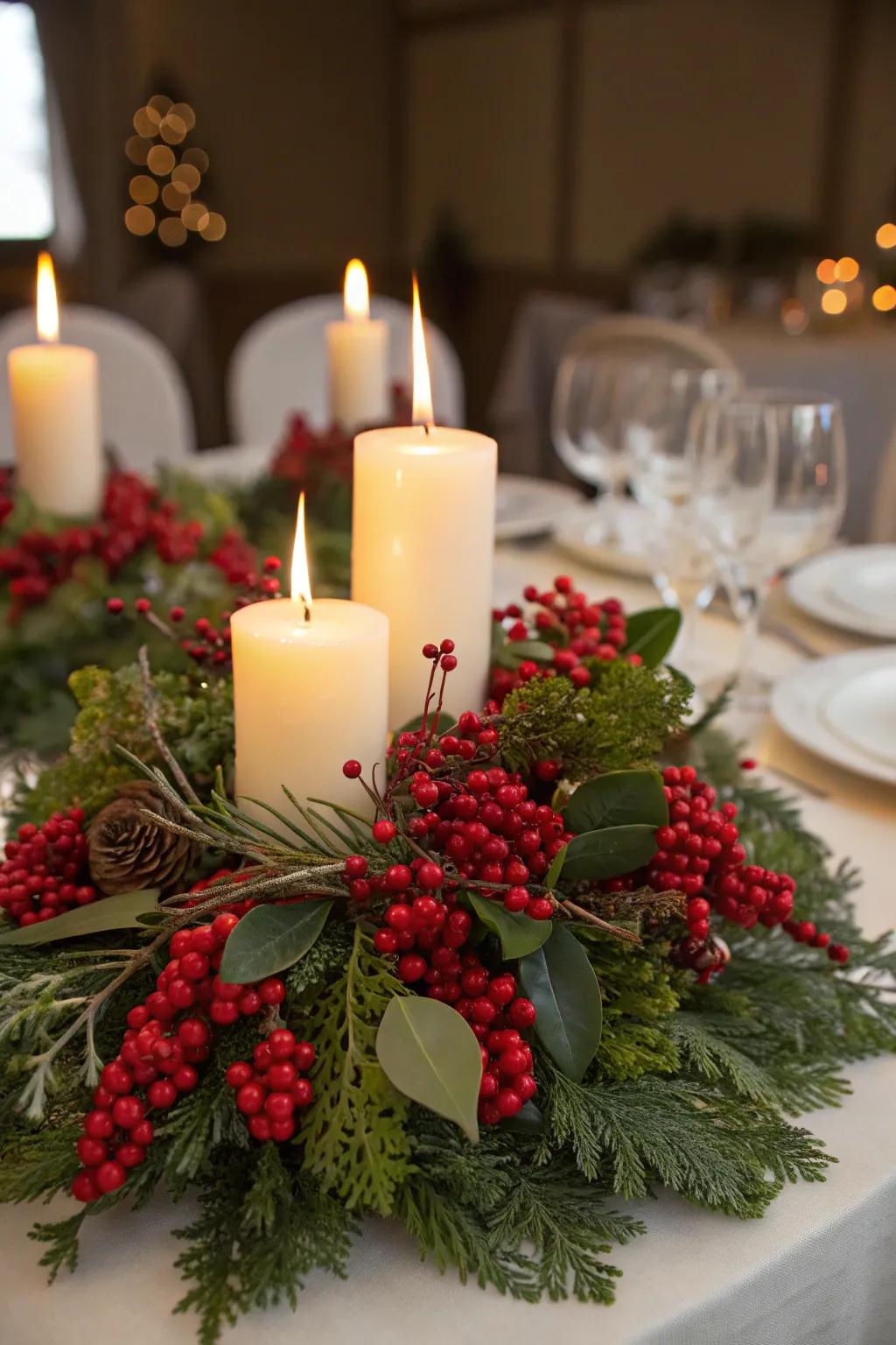 Red berries contribute a vibrant accent to this celebratory arrangement.