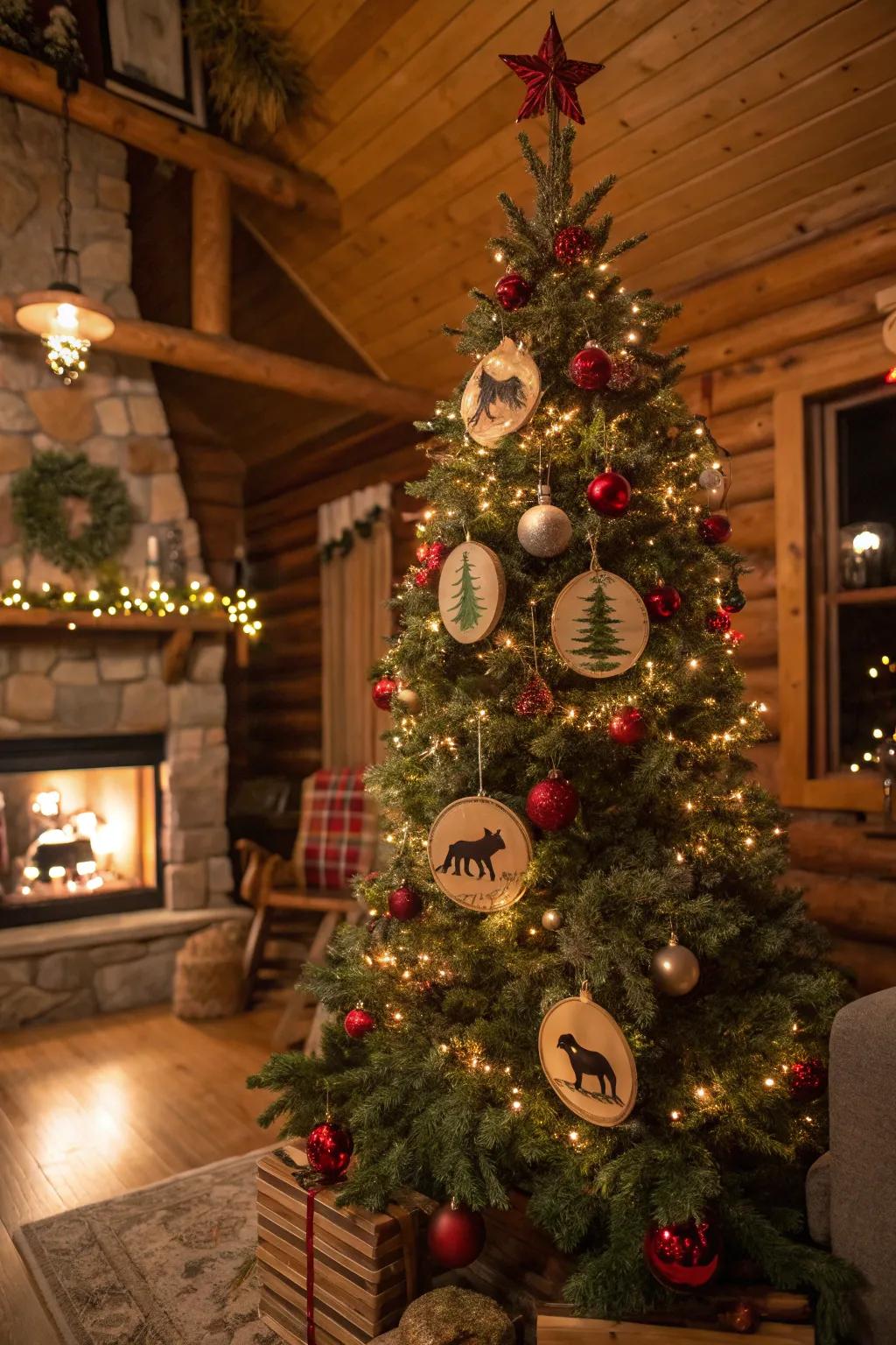 A countryside Christmas tree embellished with forest-themed decorative items and string lights, ideal for an inviting holiday ambiance.