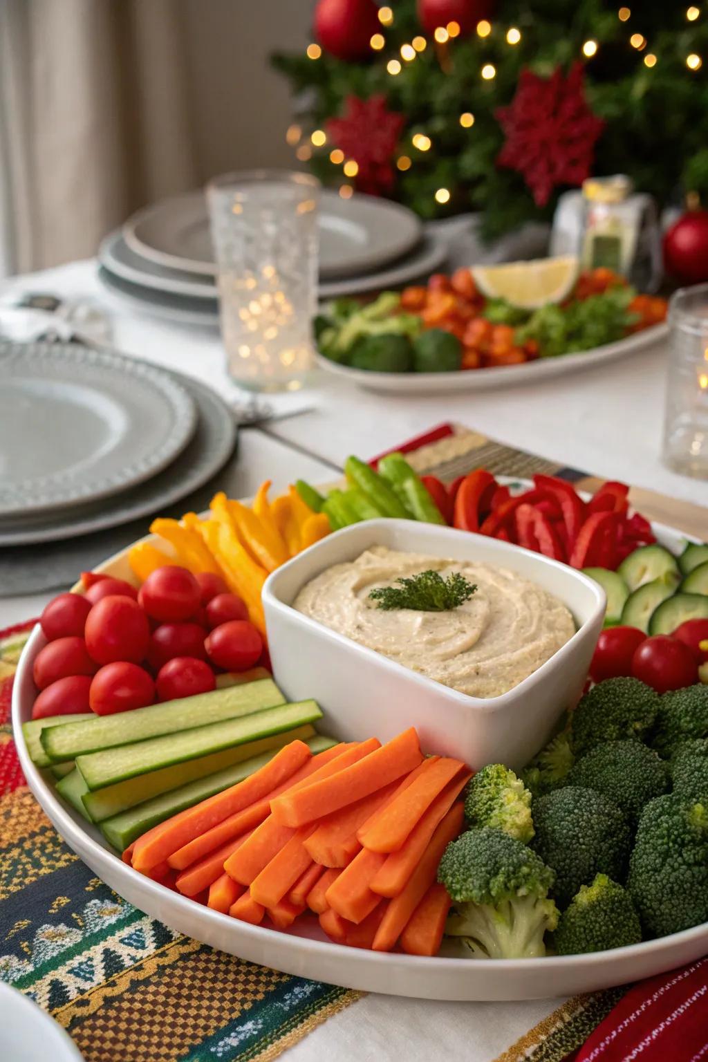 A veggie arrangement featuring a dip centerpiece that's ideal for grazing.