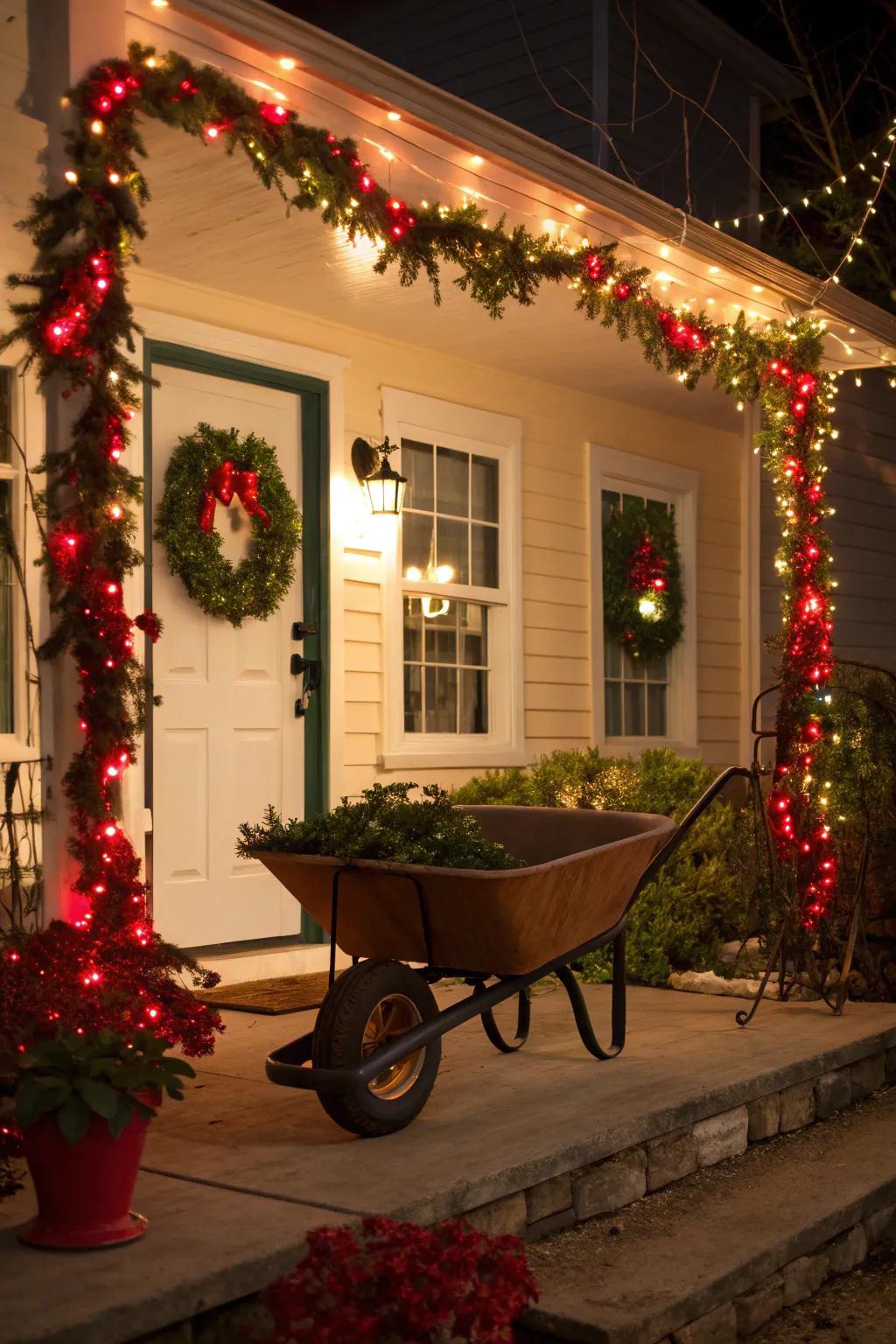 A welcoming veranda showcase featuring a festive builder's cart.