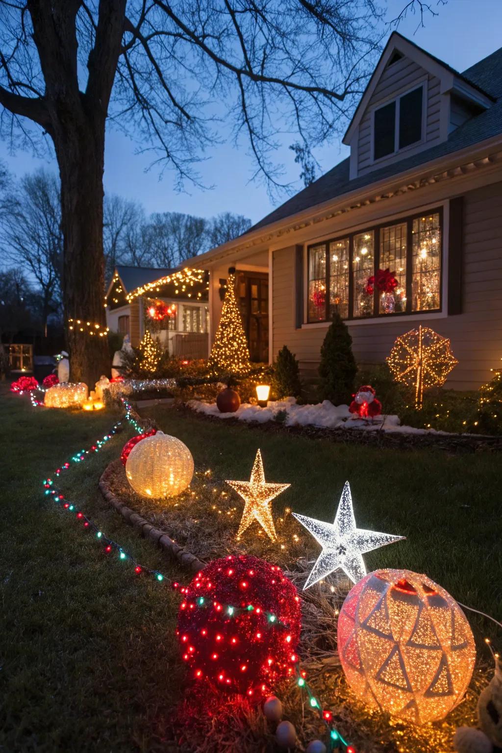 A yard adorned with various light-up Christmas ornaments.