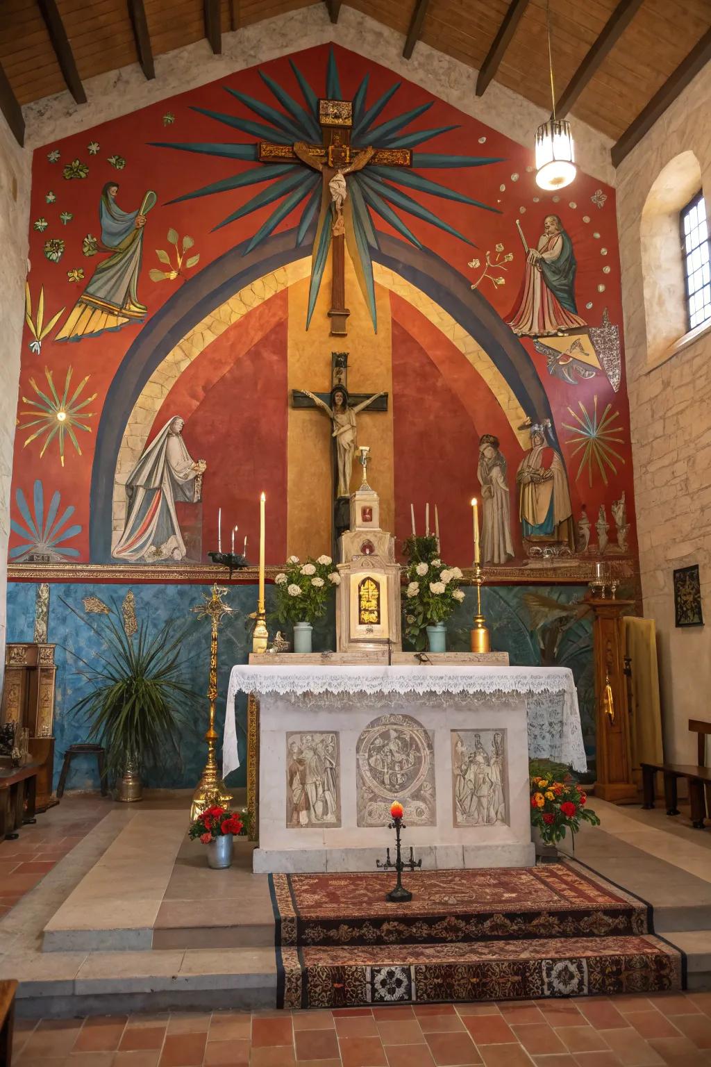 An altar enhanced by a vibrant wall painting that portrays scenes of hope and renewal.
