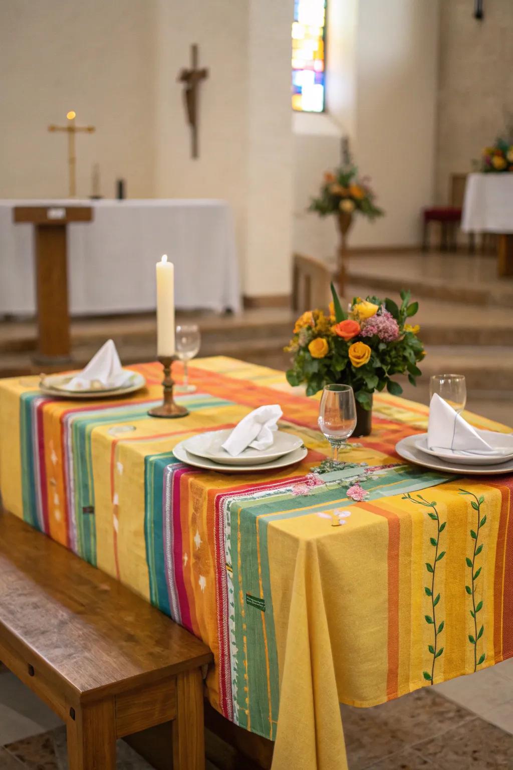 Lively linens have the ability to brighten any church table layout.