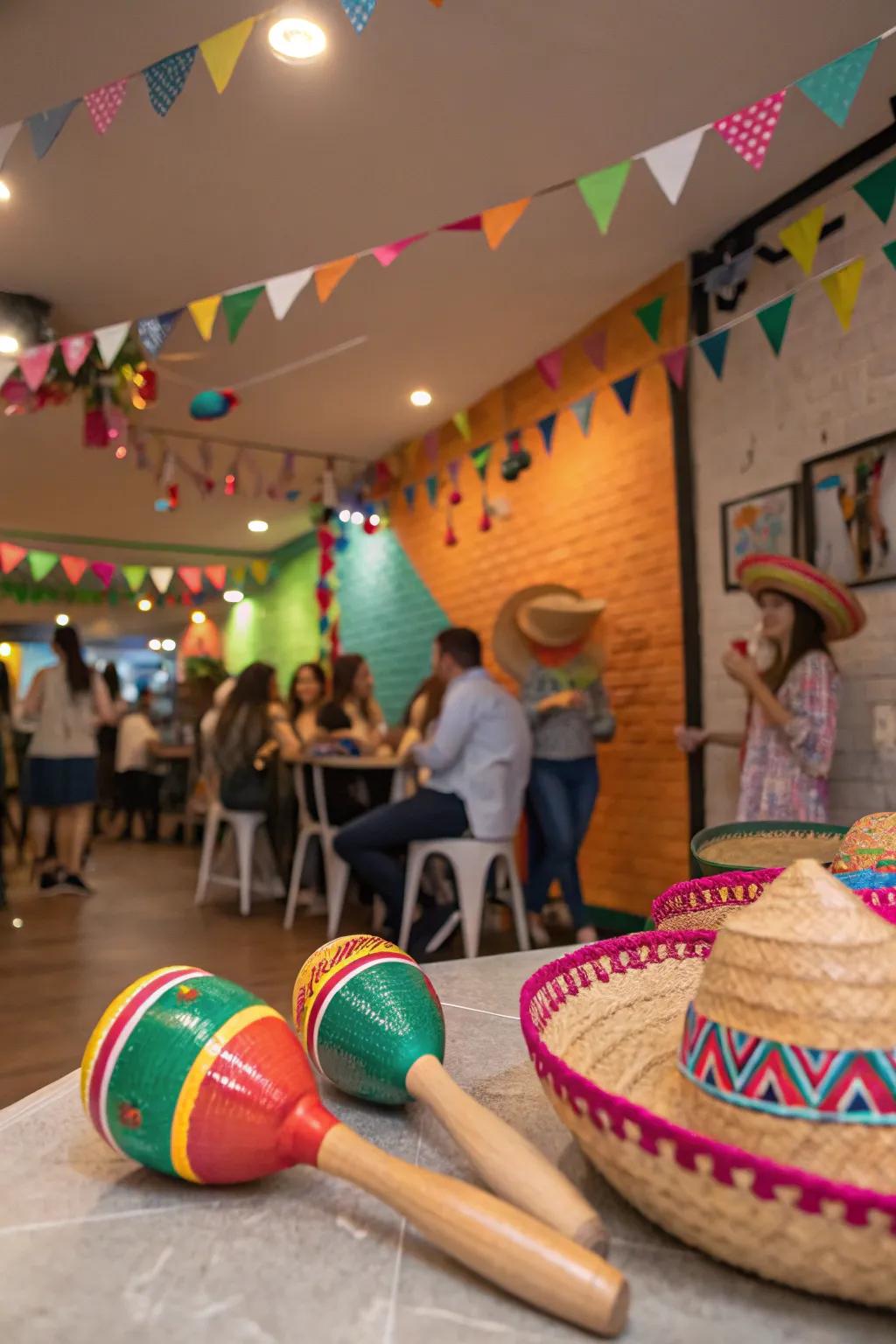 Rattles and wide-brimmed hats add a genuine element to Cinco de Mayo aesthetic.