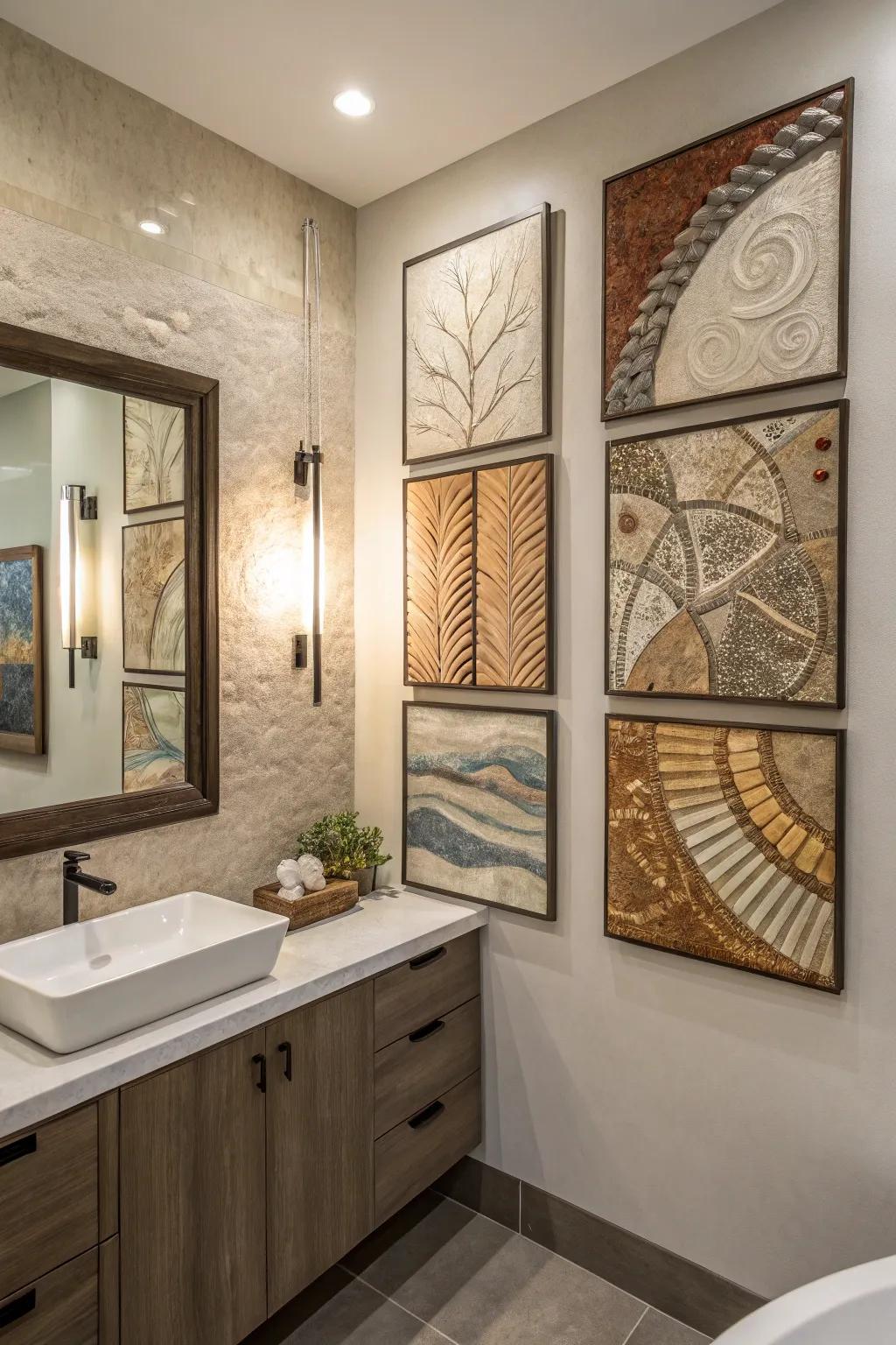 A bathroom displaying varied medium art that offers texture and aesthetic appeal.