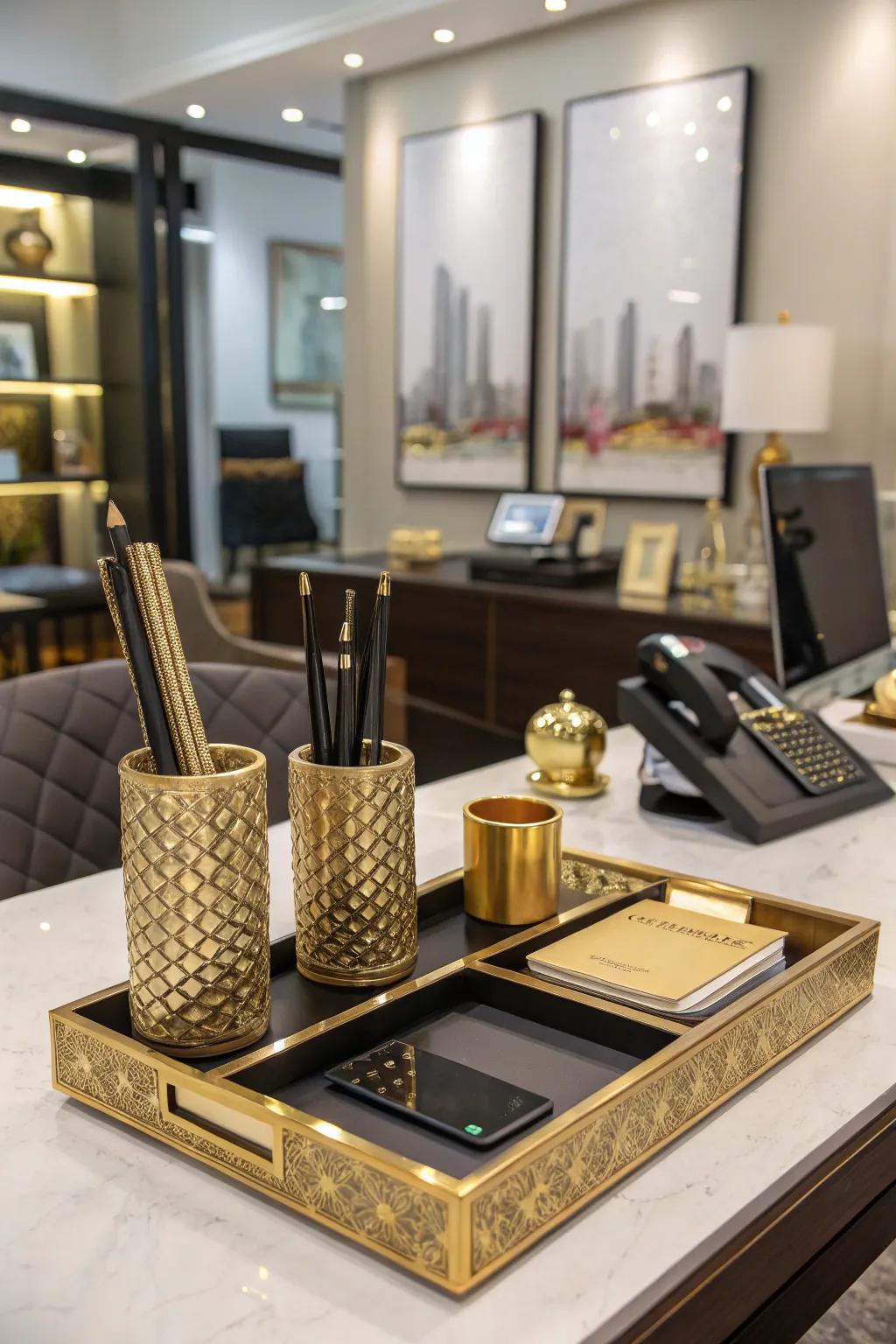 Metallic accents contribute a touch of luxury and elegance to the workspace.