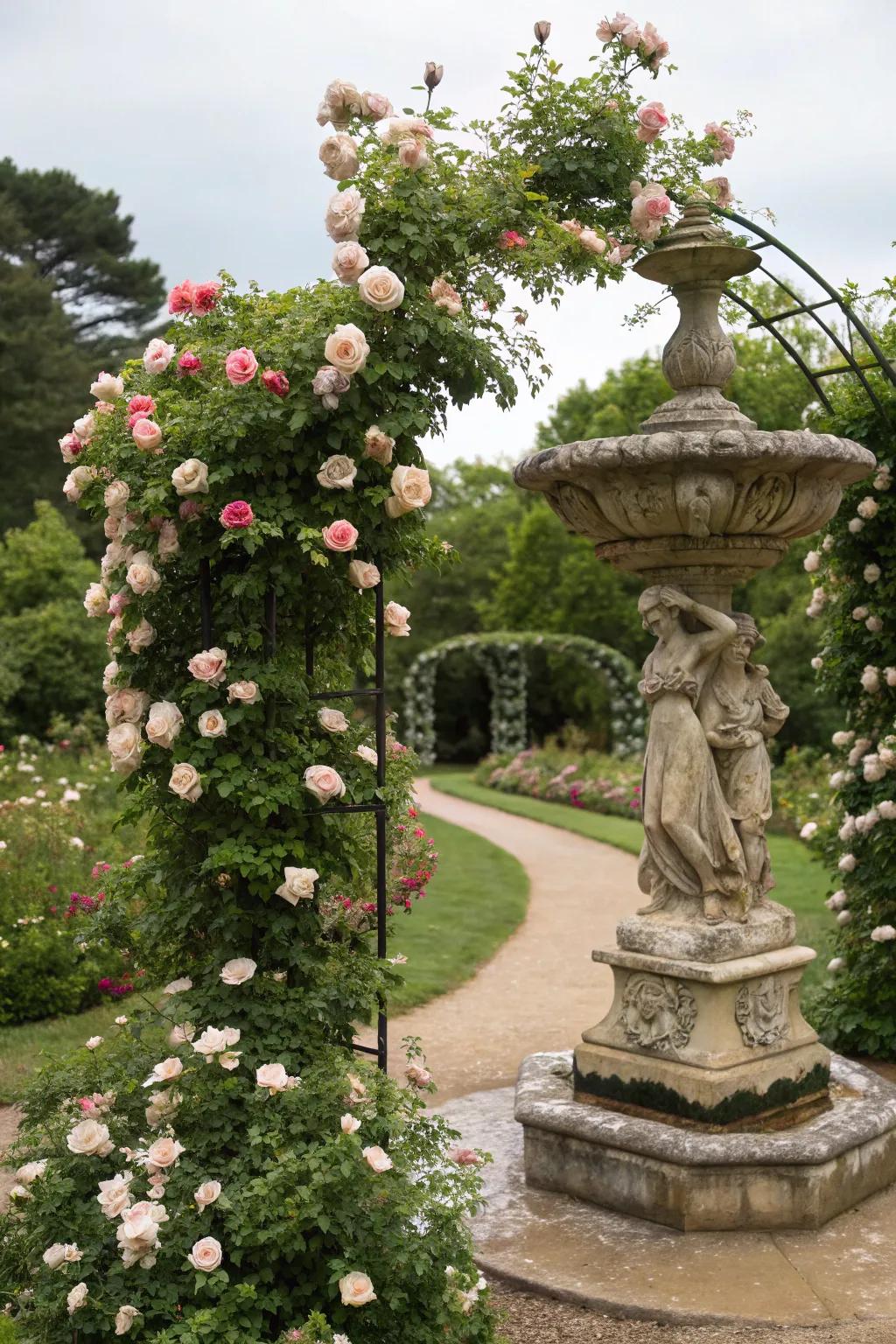 Blend art with nature by integrating roses around sculptures.