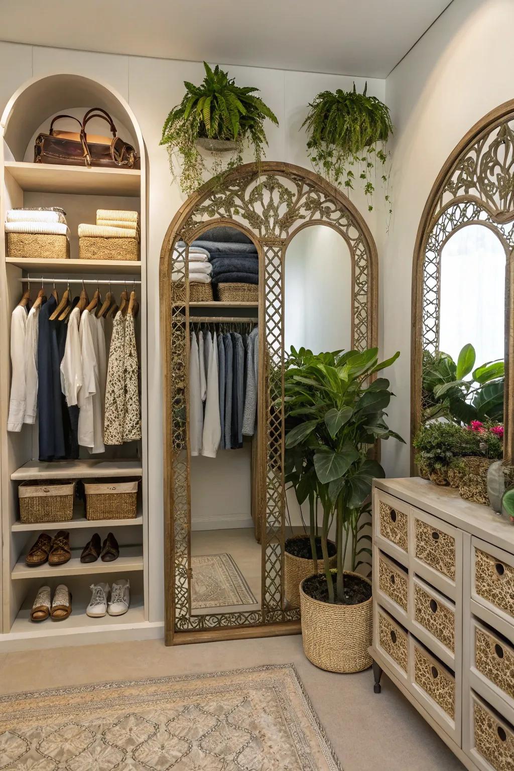 Ornamentation enhances the allure of your open closet.