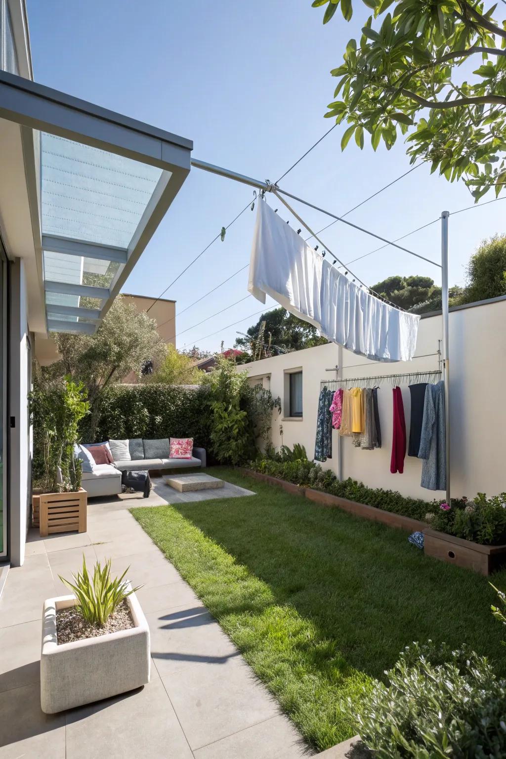 A smooth clothesline that retracts in a modern outdoor setting.