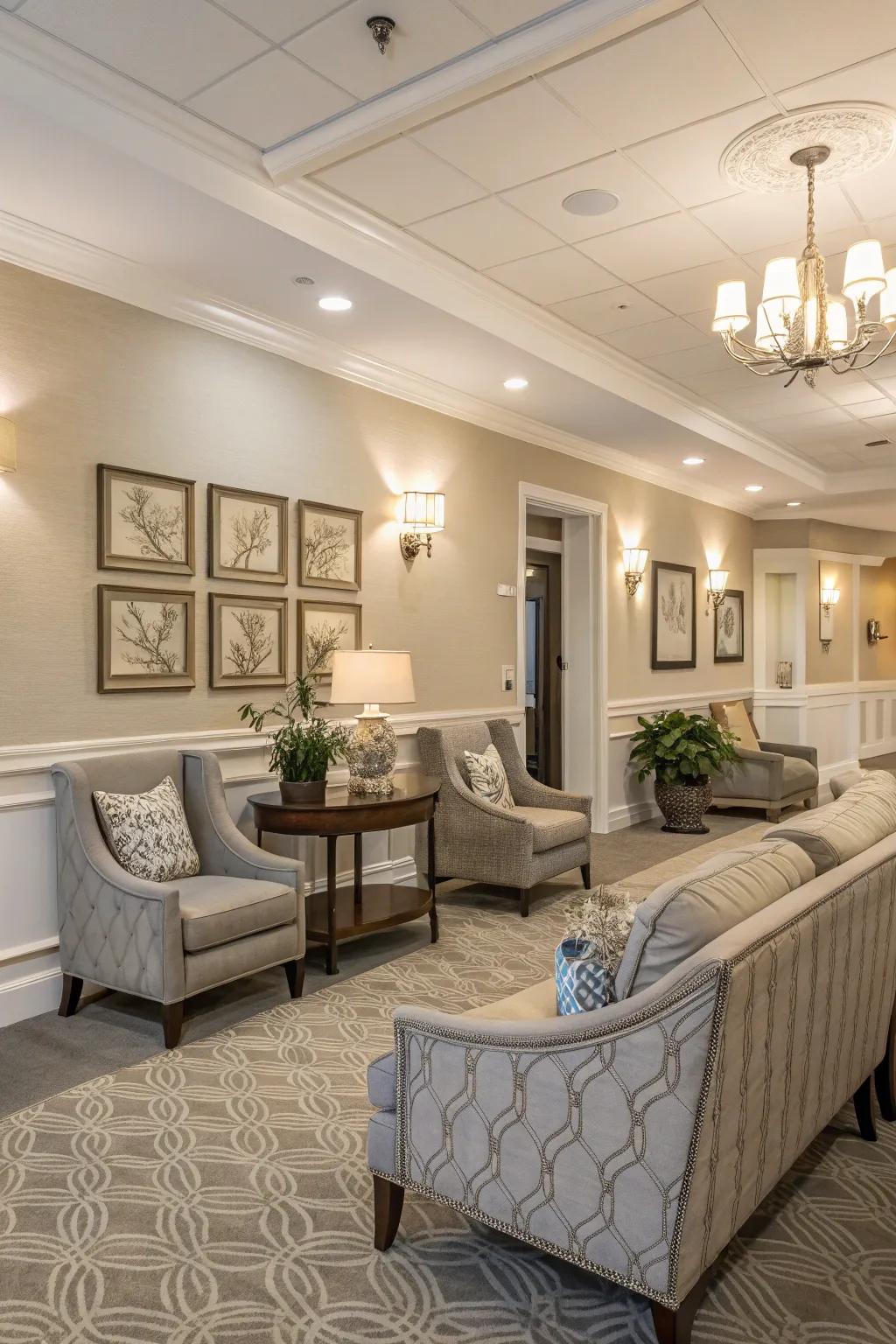 Subdued color theme providing a soothing setting in a clubhouse.