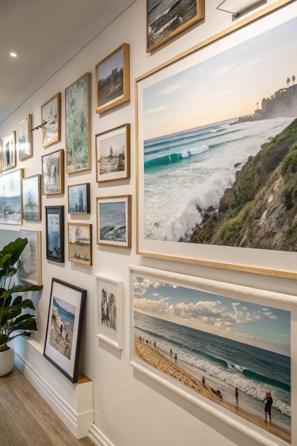 A gallery wall showcases a seaside narrative.