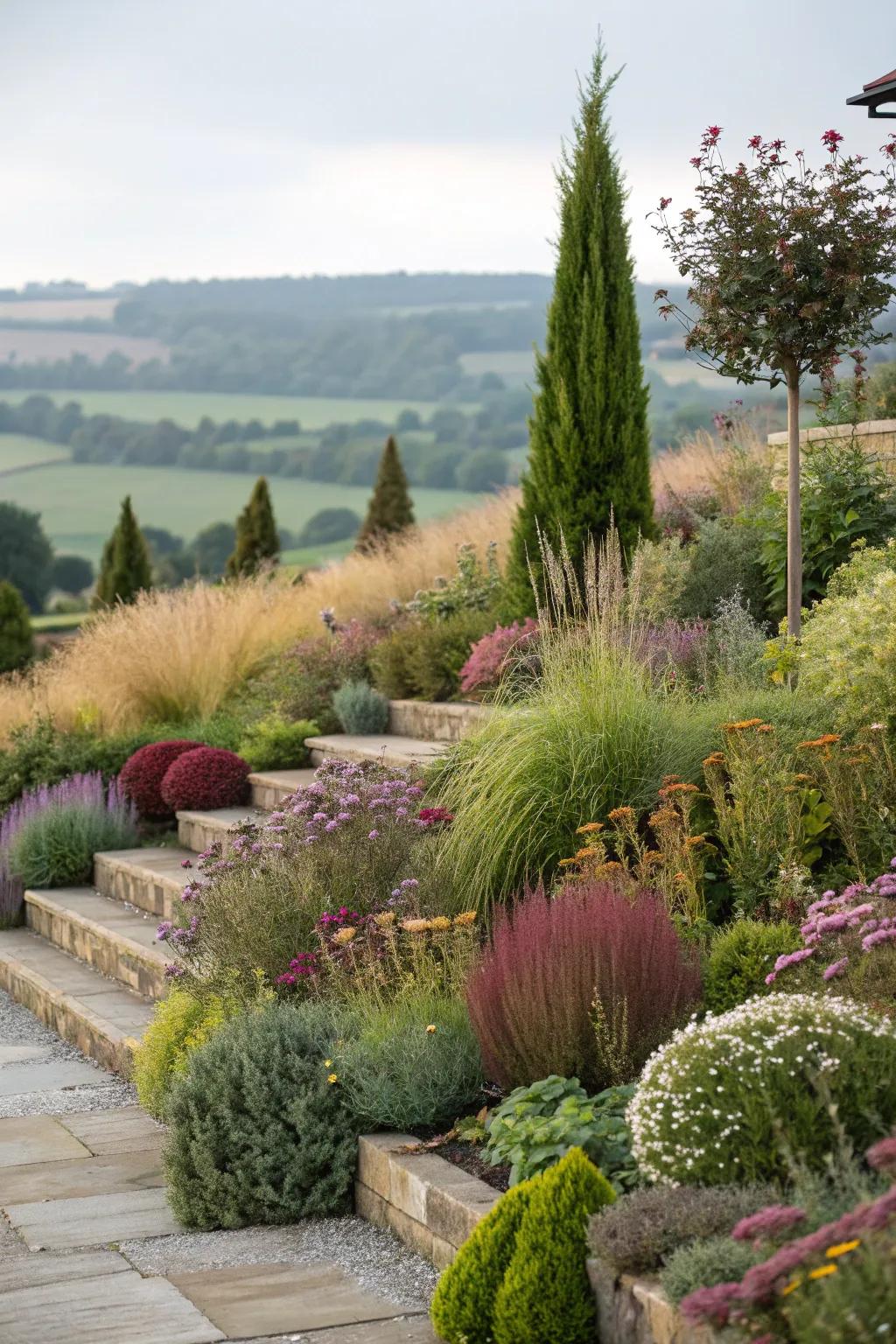 Tiered planting creates dimension and vibrancy in a coastal garden.