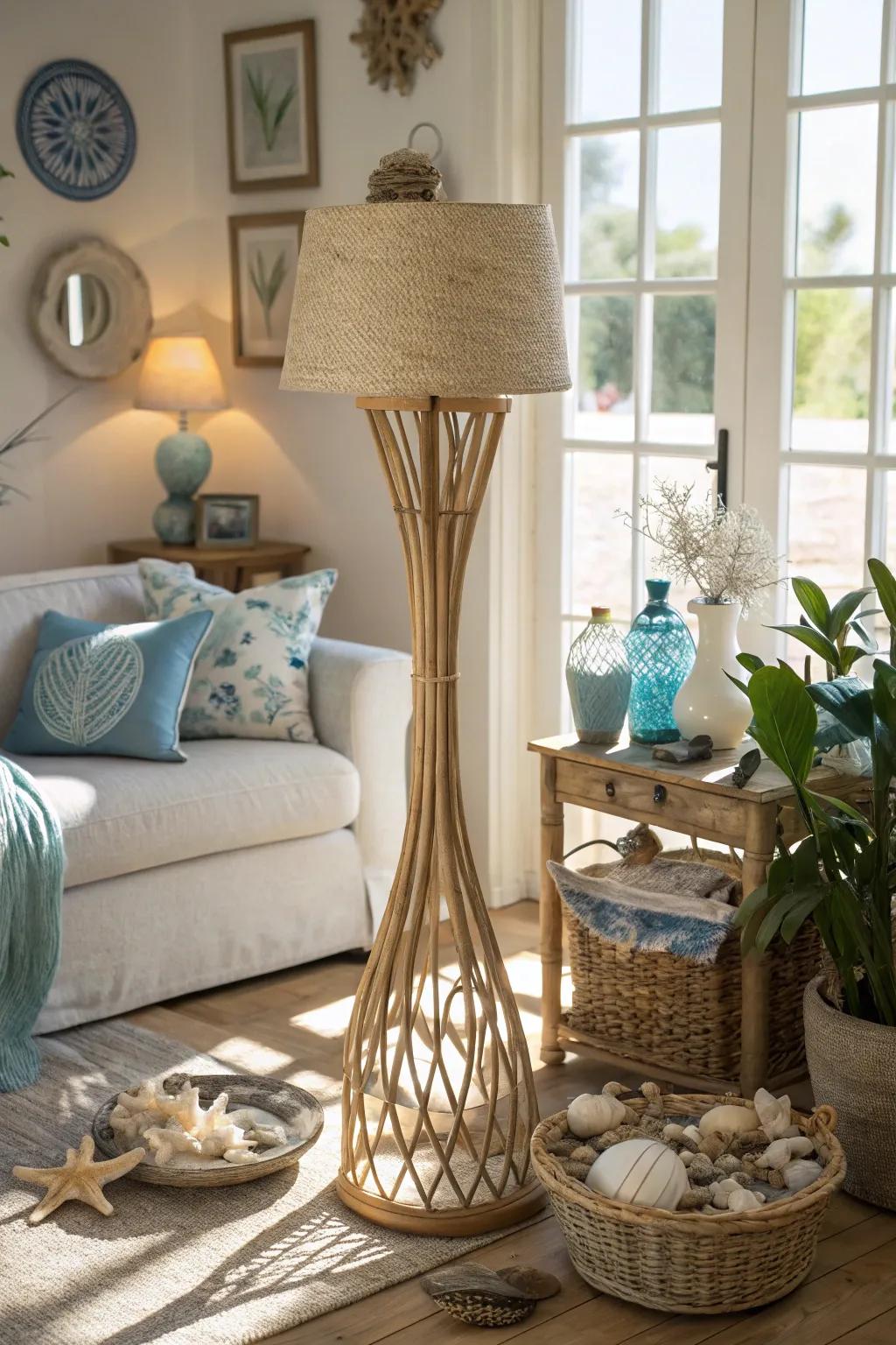 Rattan floor lamps offer both height and warmth to any coastal setting.