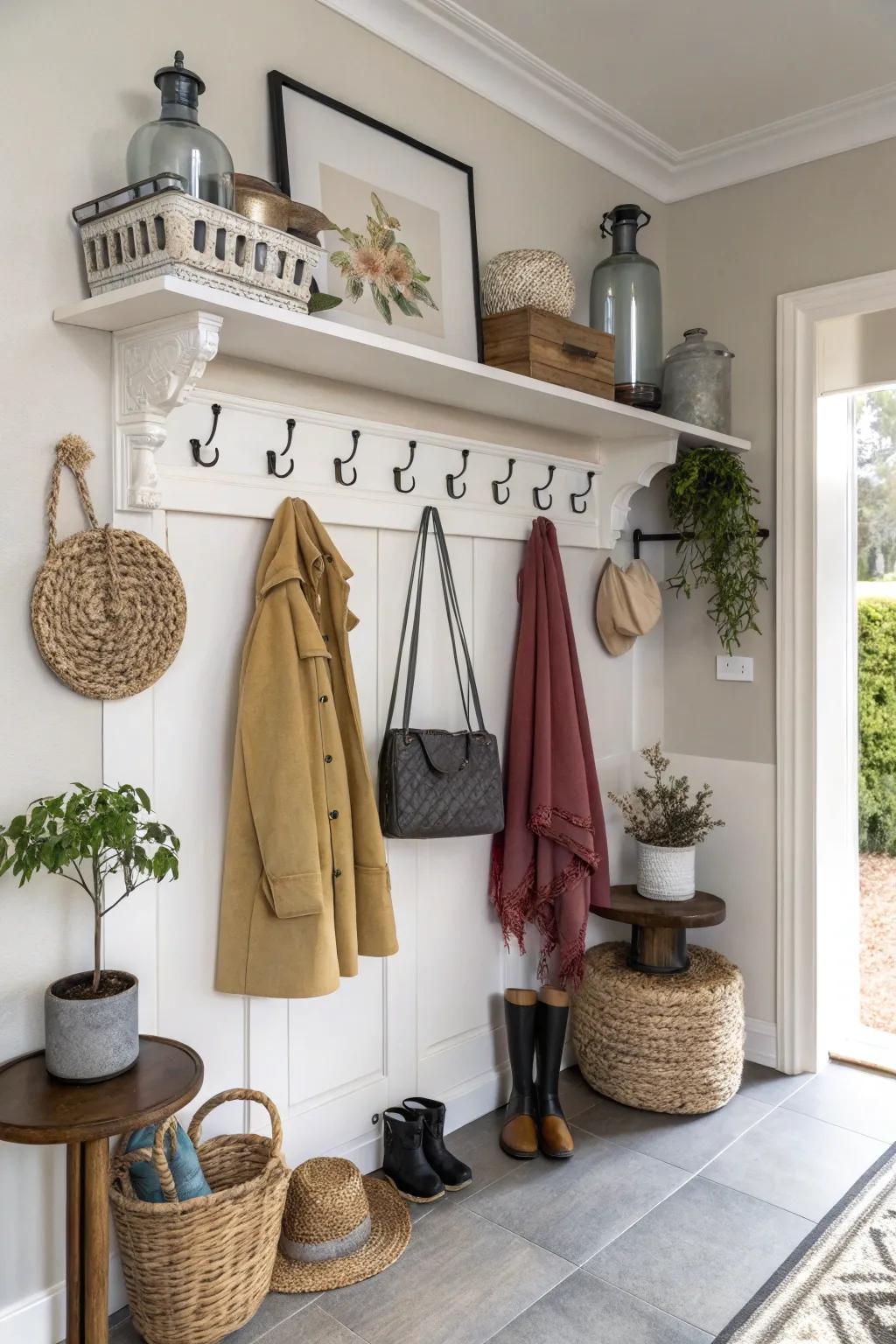 A suspended ledge with hangers delivers both storage and style in this entrance area.