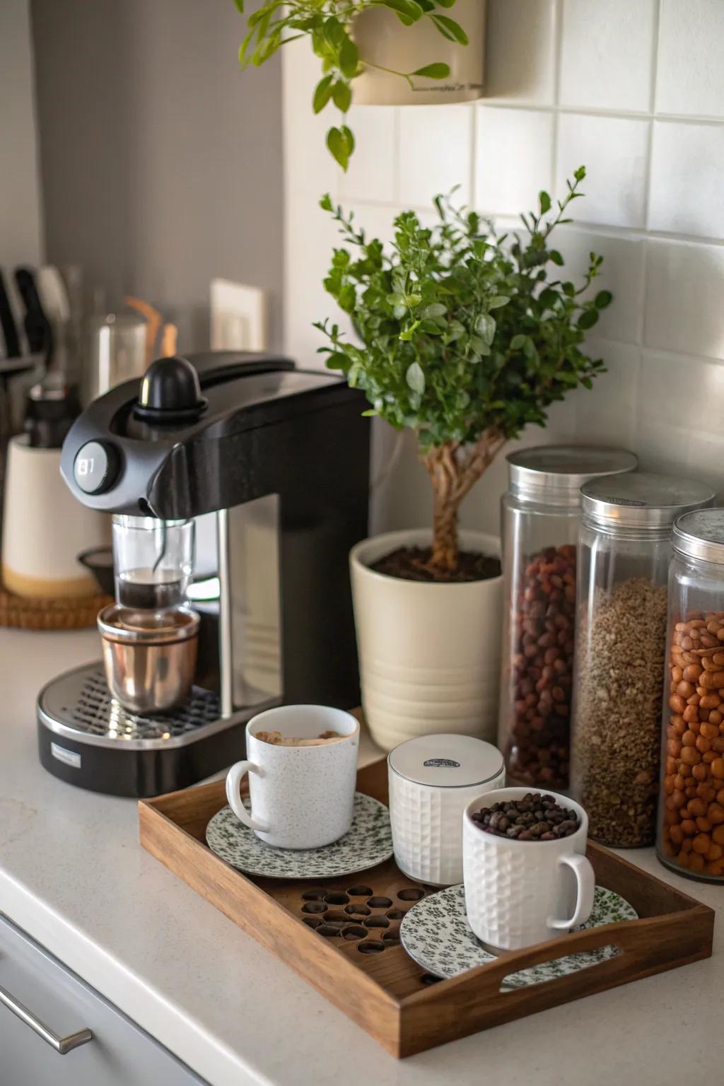 A small coffee station decorated with greenery.