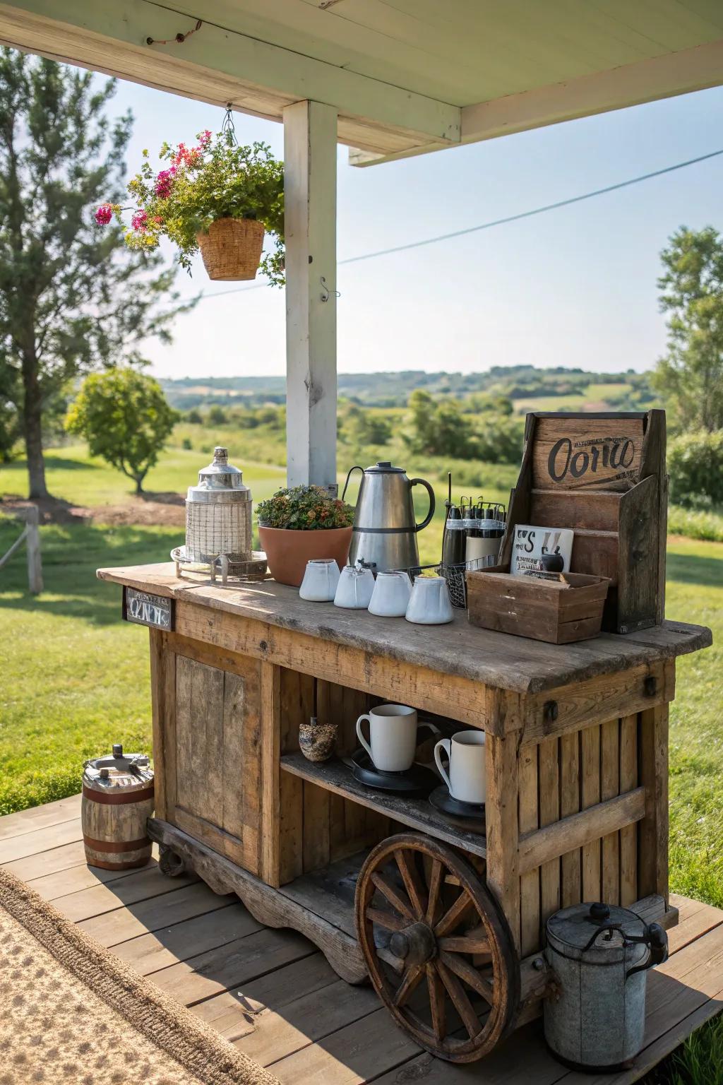 A charming rustic coffee cart for a homely feel.