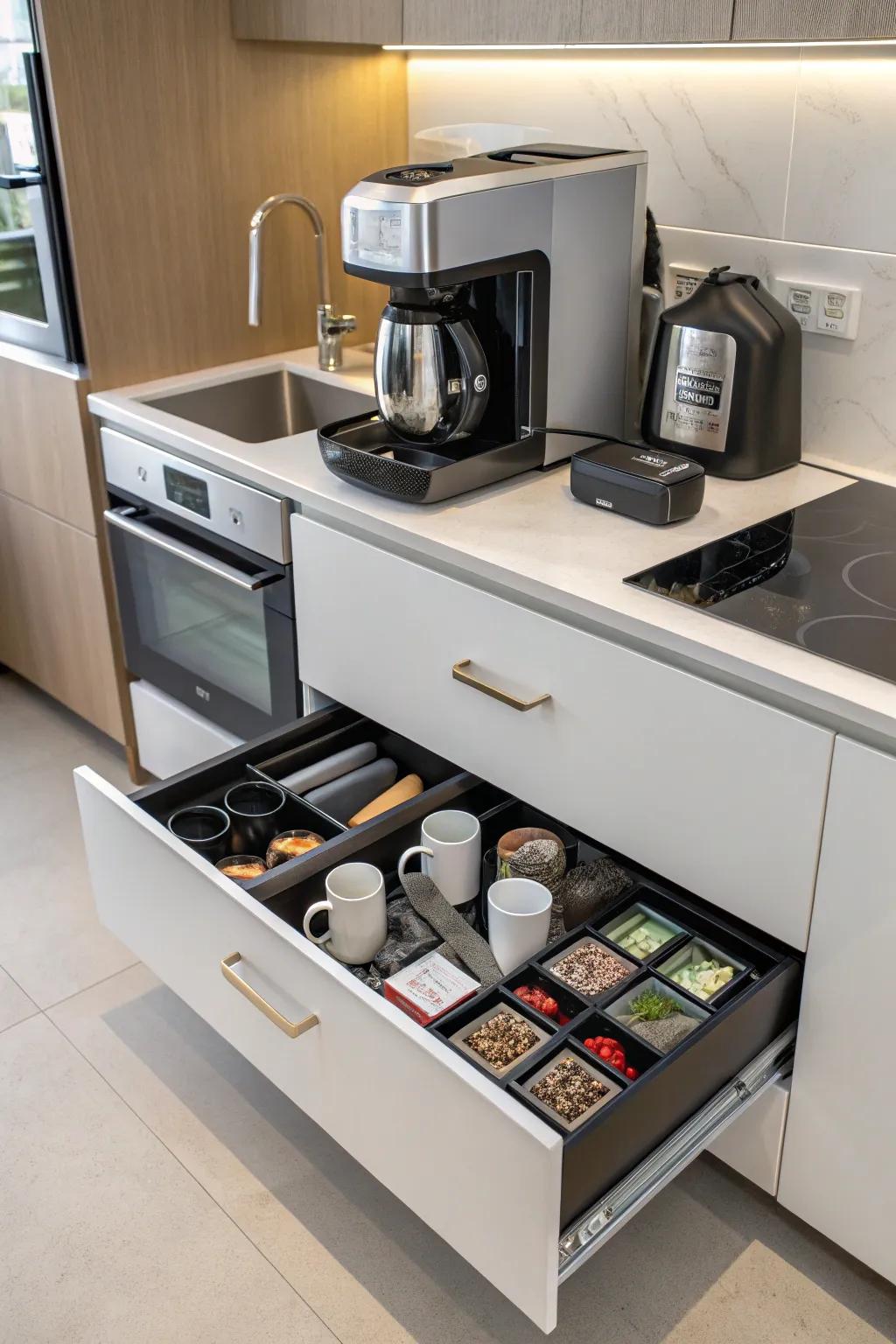 An integrated coffee system provides optimal convenience.