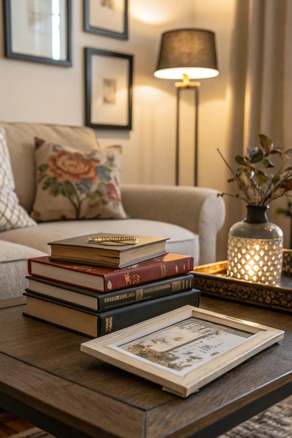 The integration of books and artistic expressions results in the formation of a miniature gallery on your tabletop.