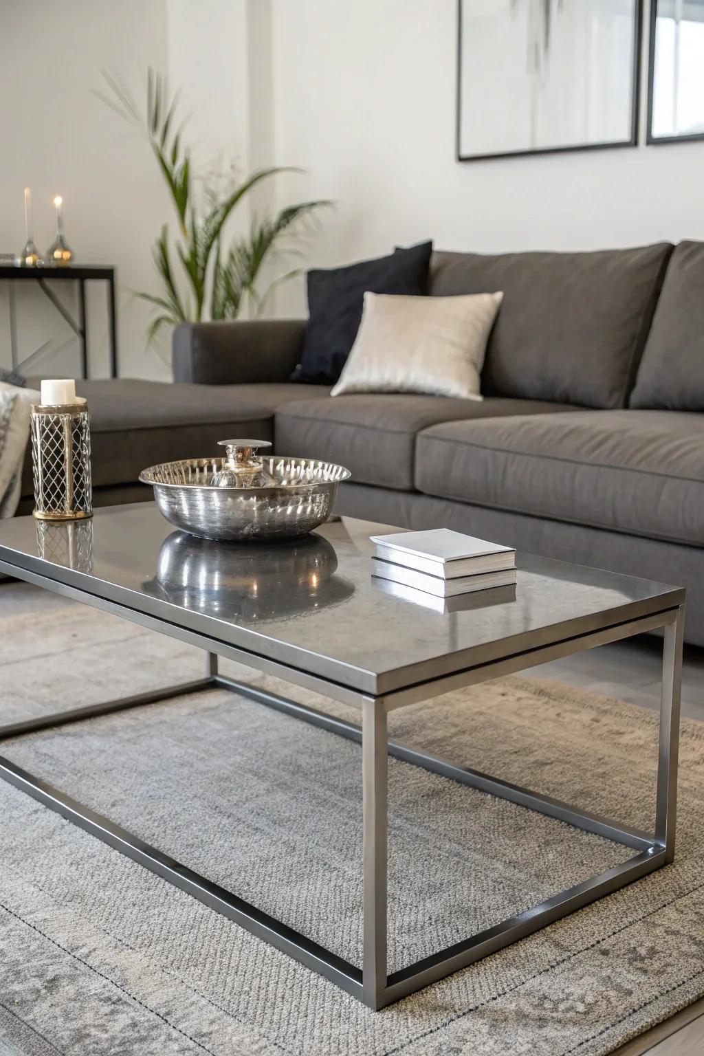 A metal center table provides a contemporary touch that is ideal for a minimalist sectional.
