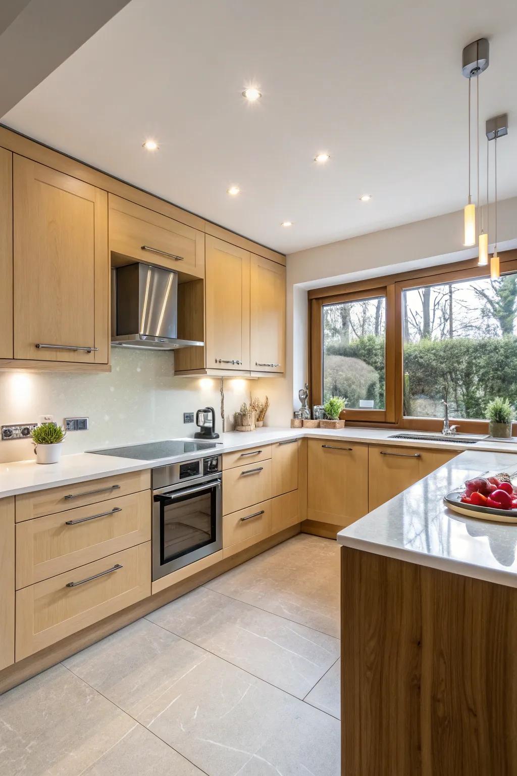 Vibrant cabinets and muted worktops create a striking contrast.