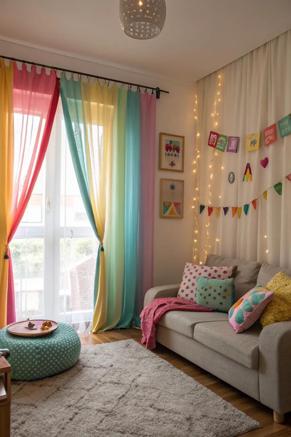 Colorful curtains soften the light and bestow a whimsical touch to the living area.