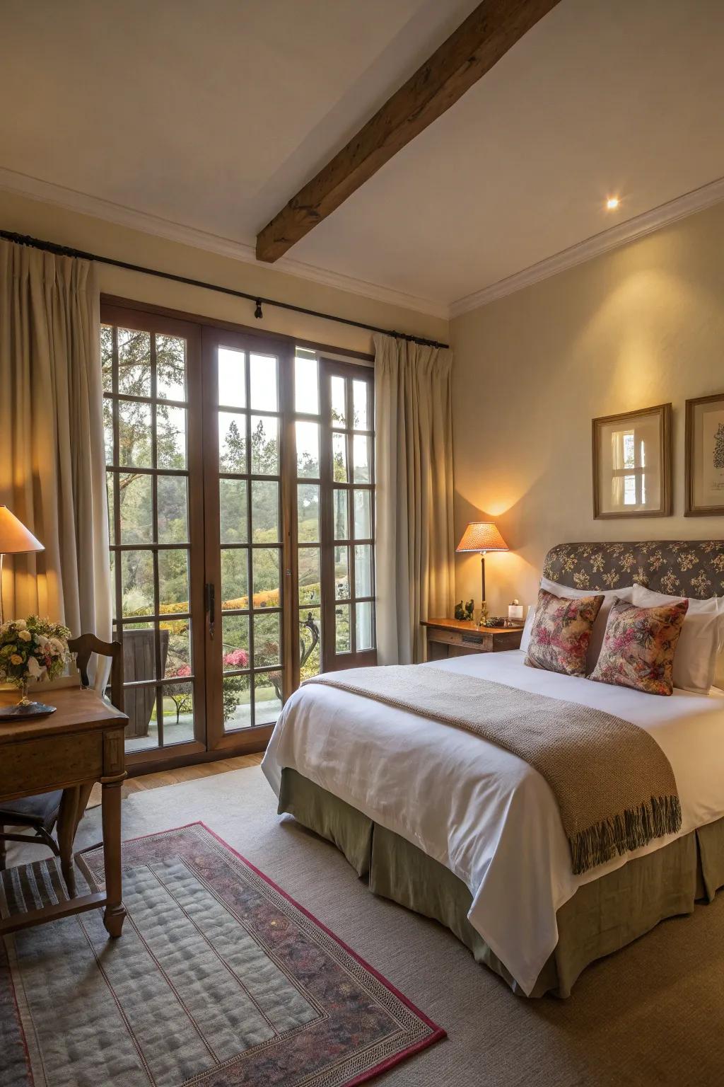 Innate and surrounding illumination conjure a welcoming atmosphere in this bedroom.