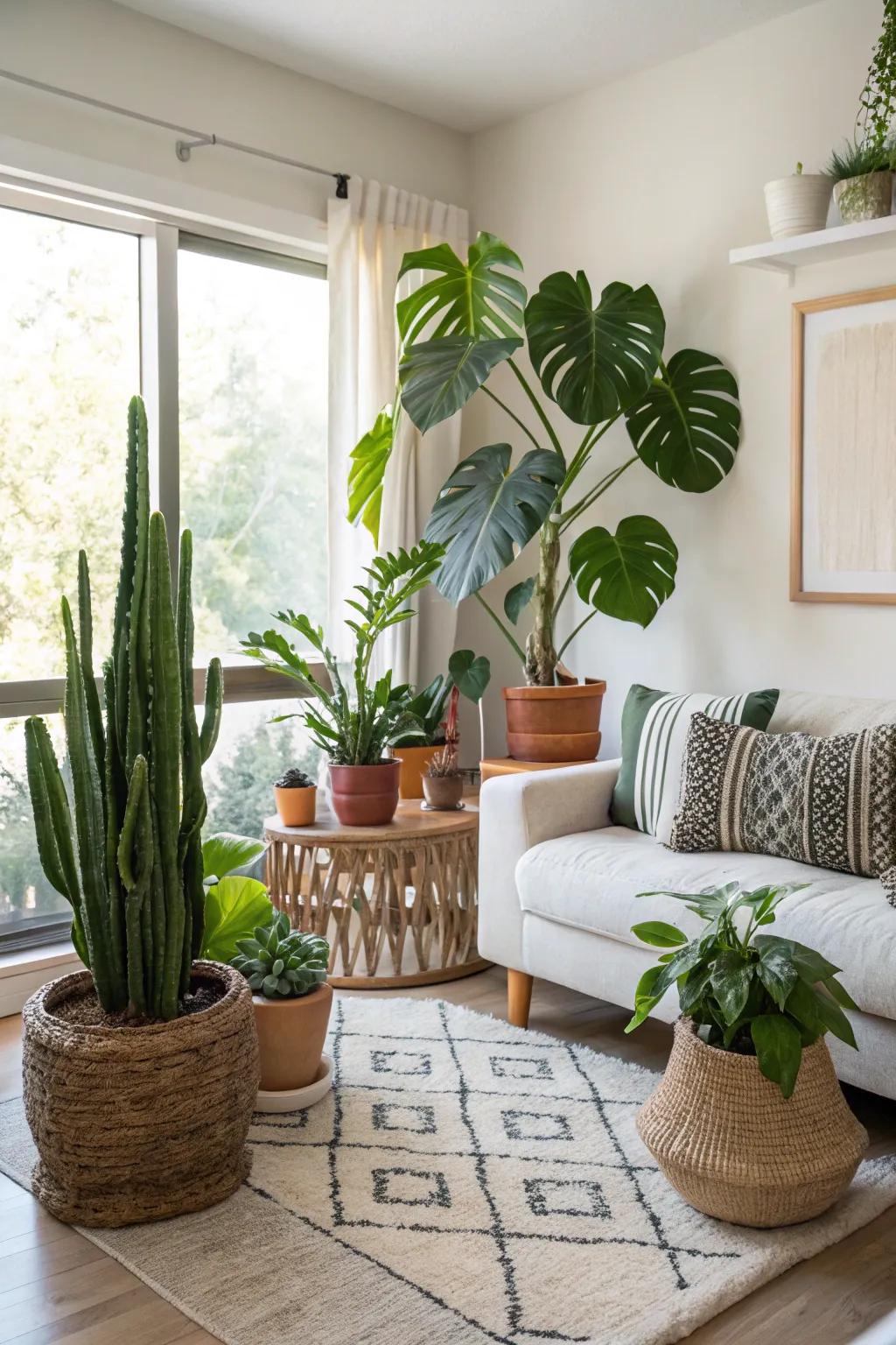 Extensive greenery adding brightness to a condo living space.